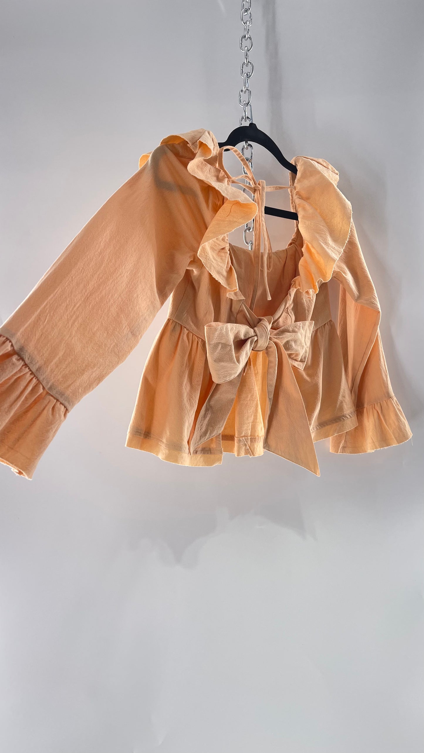 Free People Pumpkin Light Orange Backless Bow Back Cropped Blouse with Ruffle Sleeve and Neckline (XS)