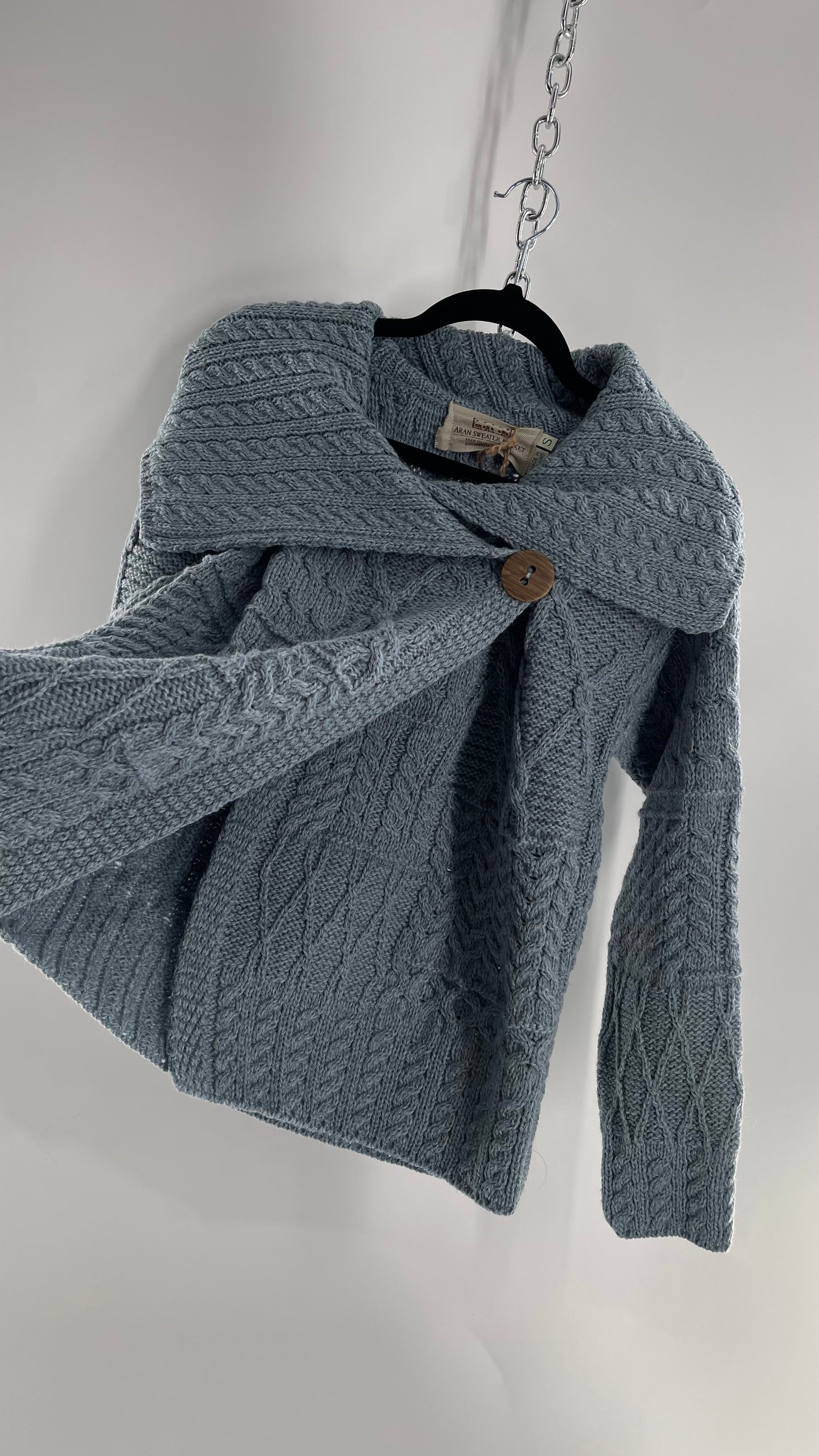 Authentic Irish Aran Sweater Market Slate Blue Aran Stitch Sweater with Oversized Wooden Button Detail and Certificate of Authenticity (Small)