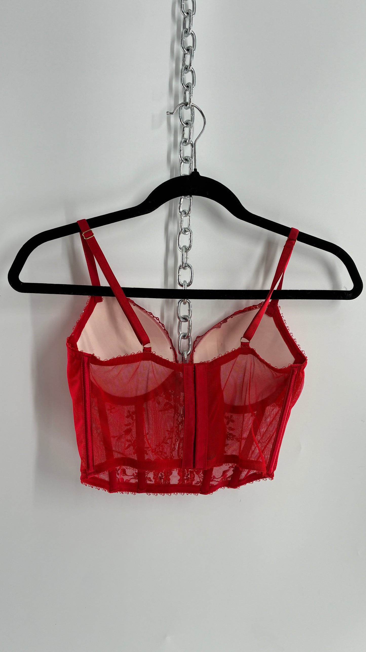 Vintage Red Corset with Iridescent Floral Lace and Padded Bust (32C/Small)