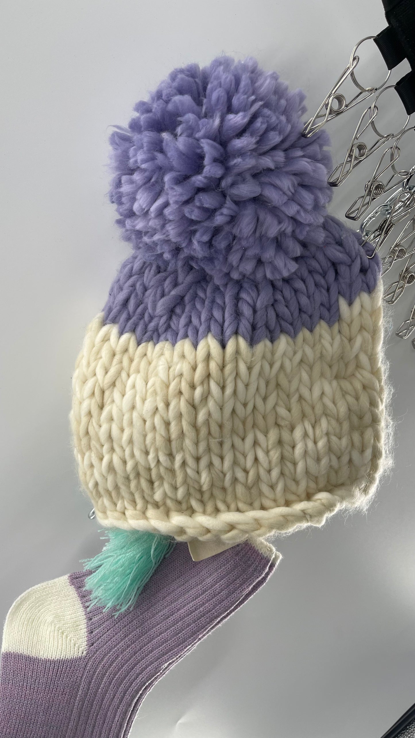 Free People Lavender Purple and White Knit Beanie and Sock Set