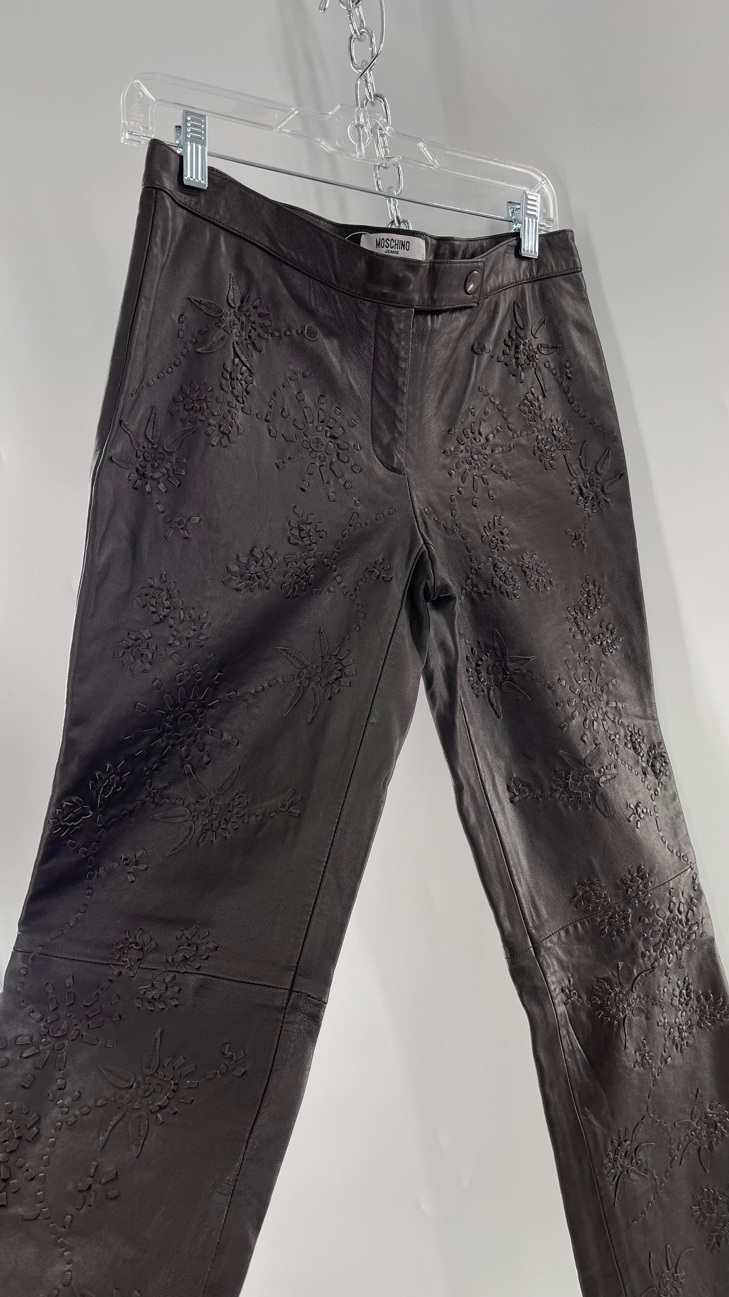 Moschino Brown Leather Embroidered Pants (10) ***WITH TAGS***