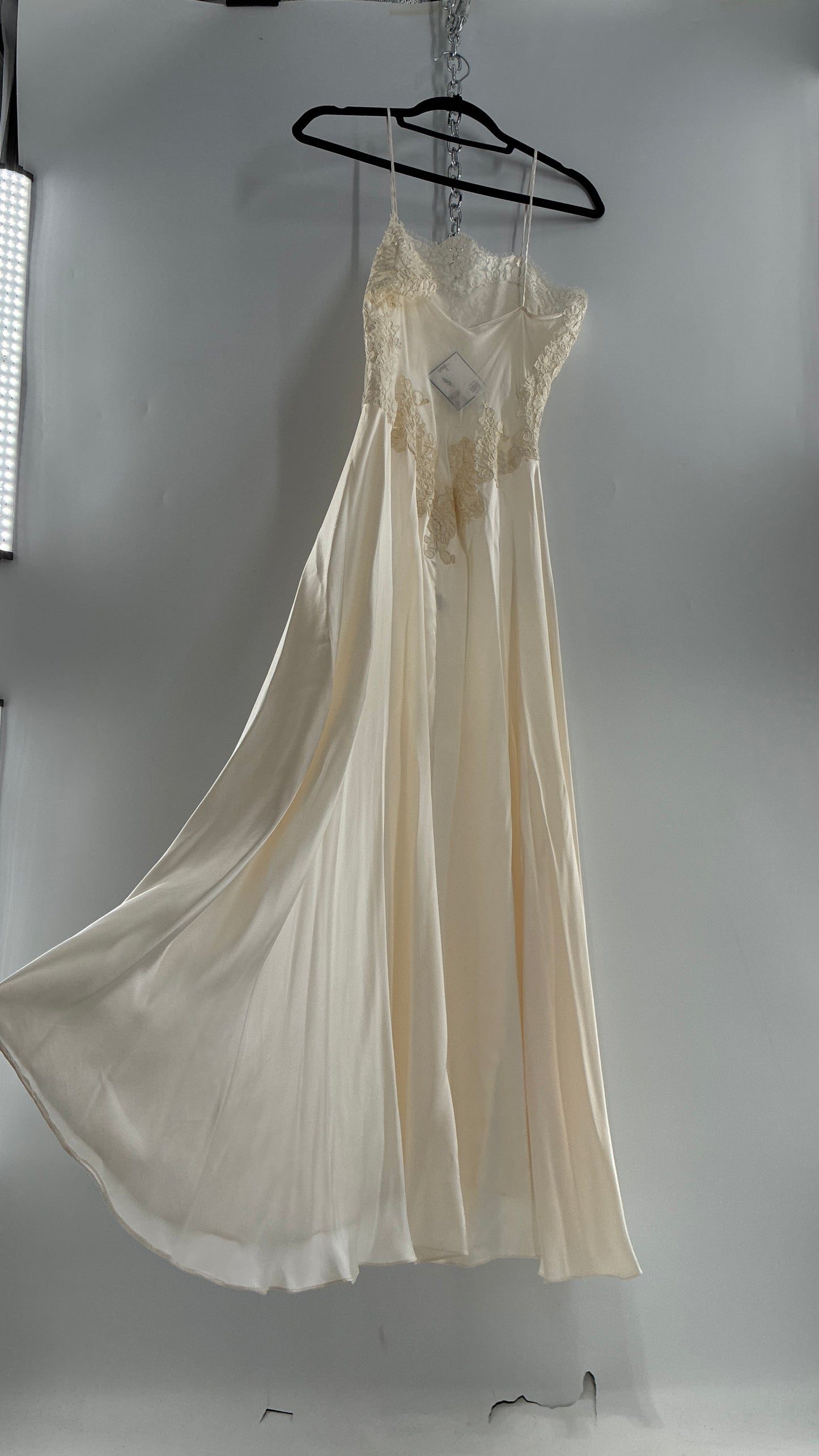 Vintage JONQUIL 100% Silk Gown with Heavy Lace Appliqués and Low Cut Sheer Back (Medium)