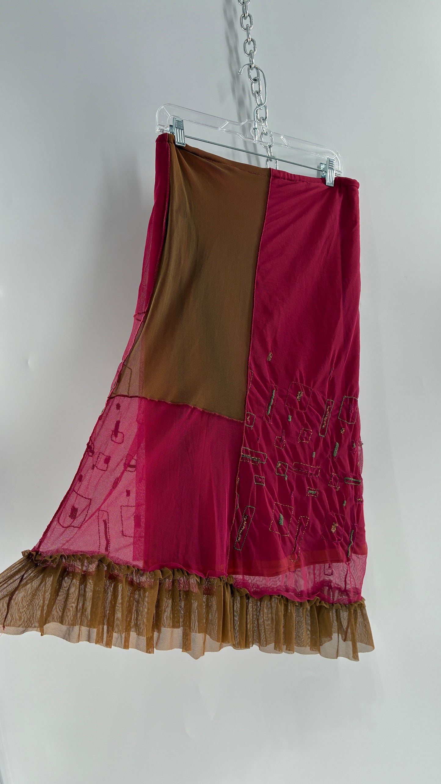 Vintage LILLI ROSE Fuchsia Exposed Stitch Midi Skirt with Embroidered Details (S/M)