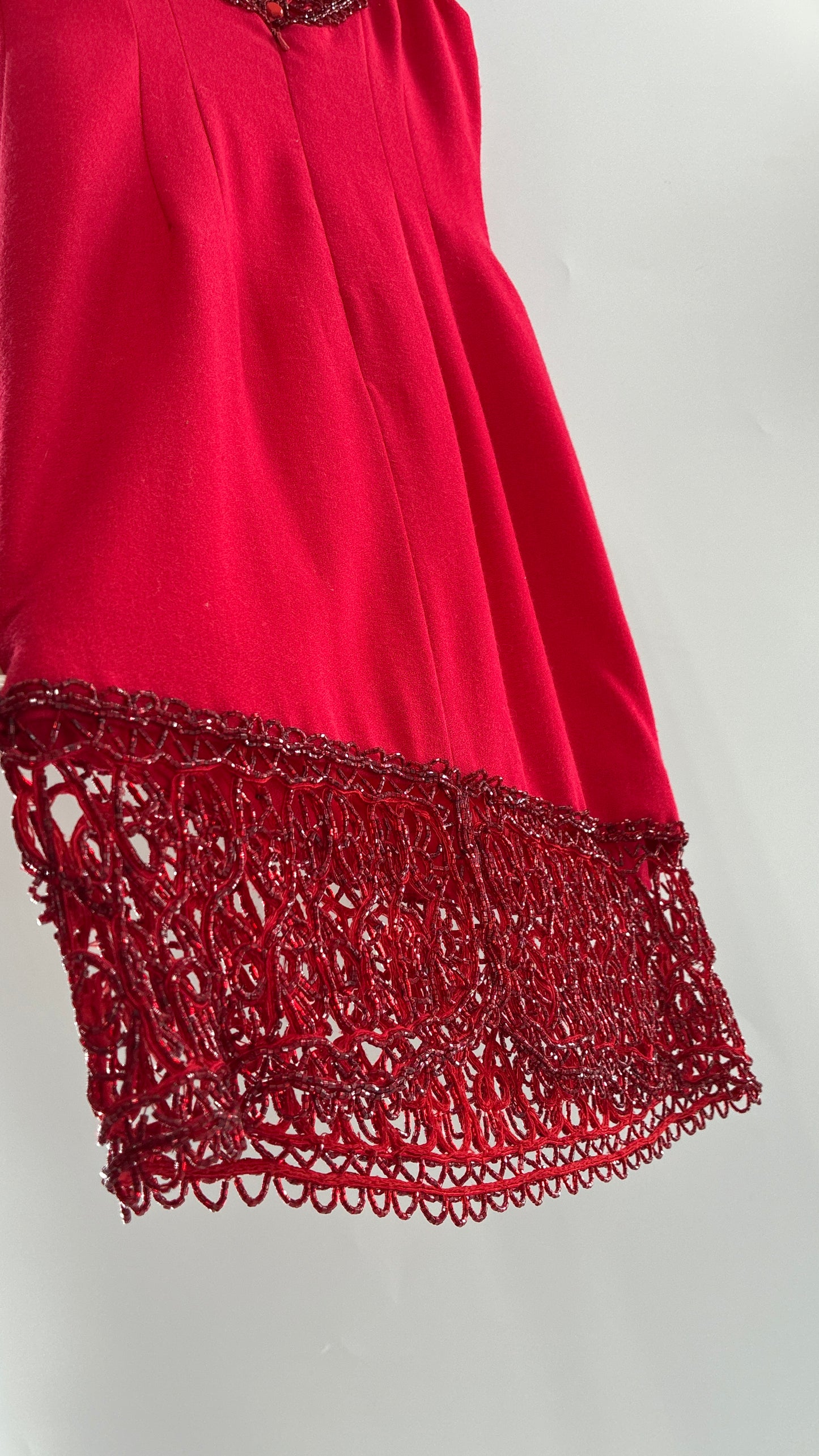 Vintage CARMEN MARC VALVO Red 100% Fitted, Tailored Wool Dress with Beaded Hem and Neckline (6)