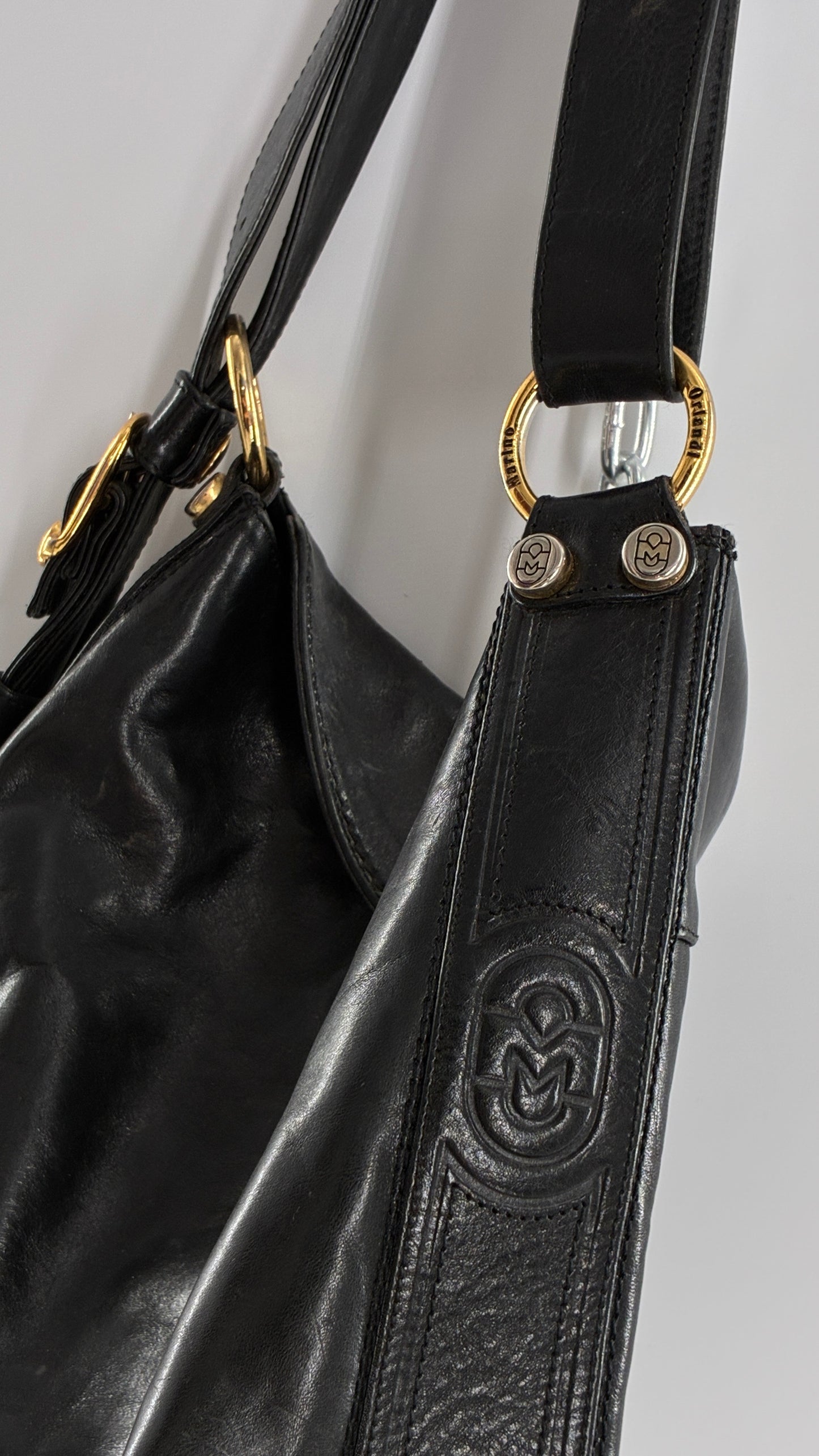Vintage MARINO ORLANDI Black Leather Purse Made in Italy with Gold Embossed Hardware