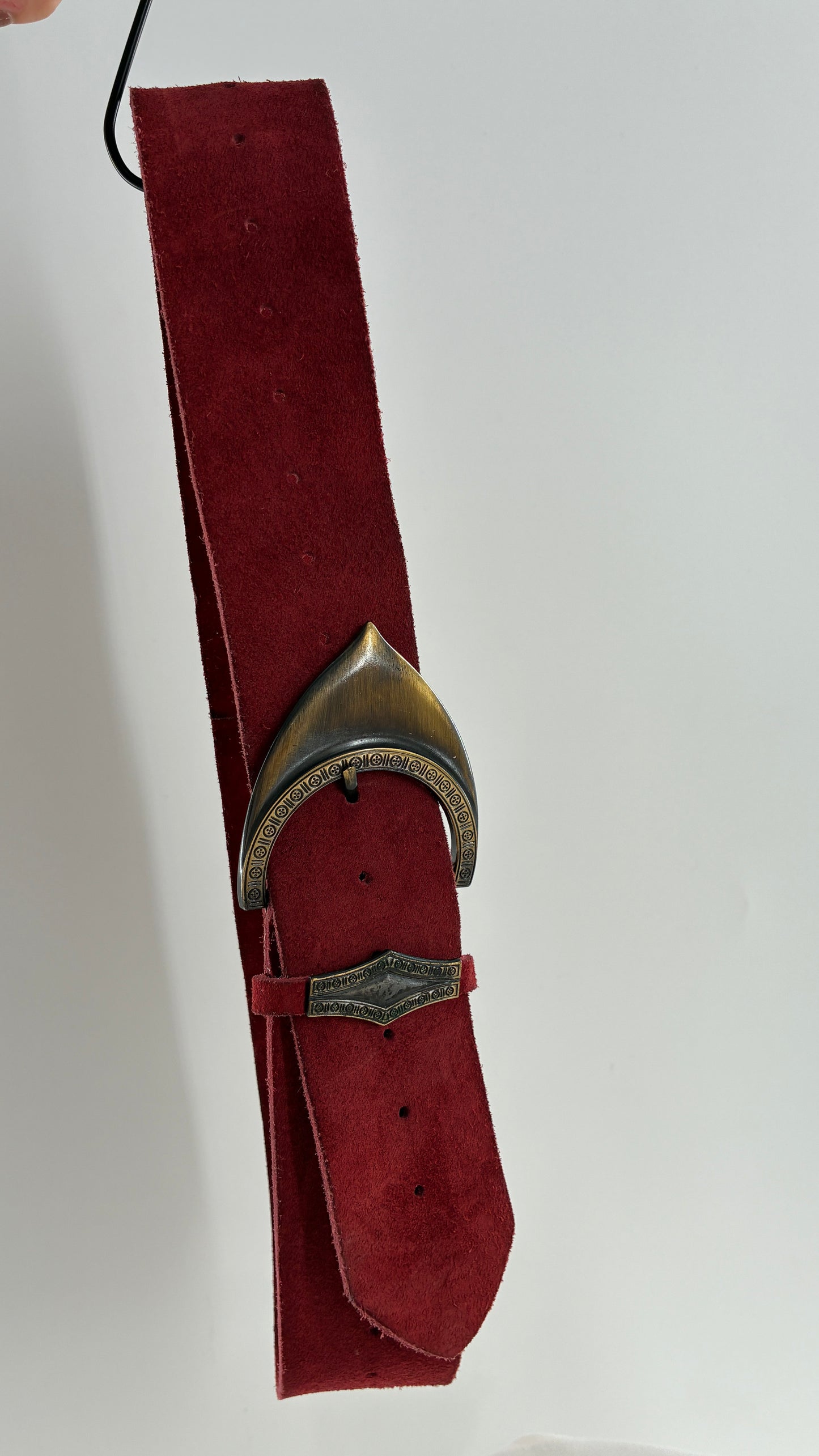 Genuine Suede Leather Maroon Red Belt w Oversized Engraved Buckle