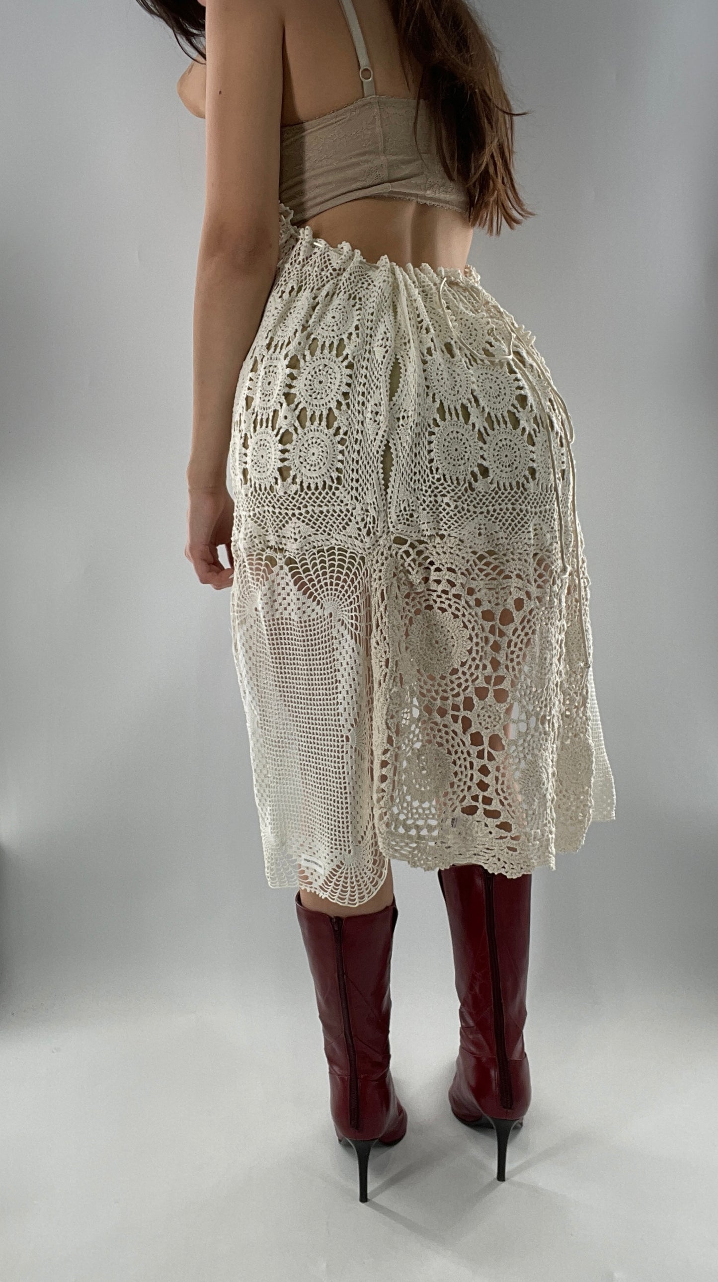 Vintage Handmade Crochet Cottage Adjustable Dress with Open, Low Back (One Size)