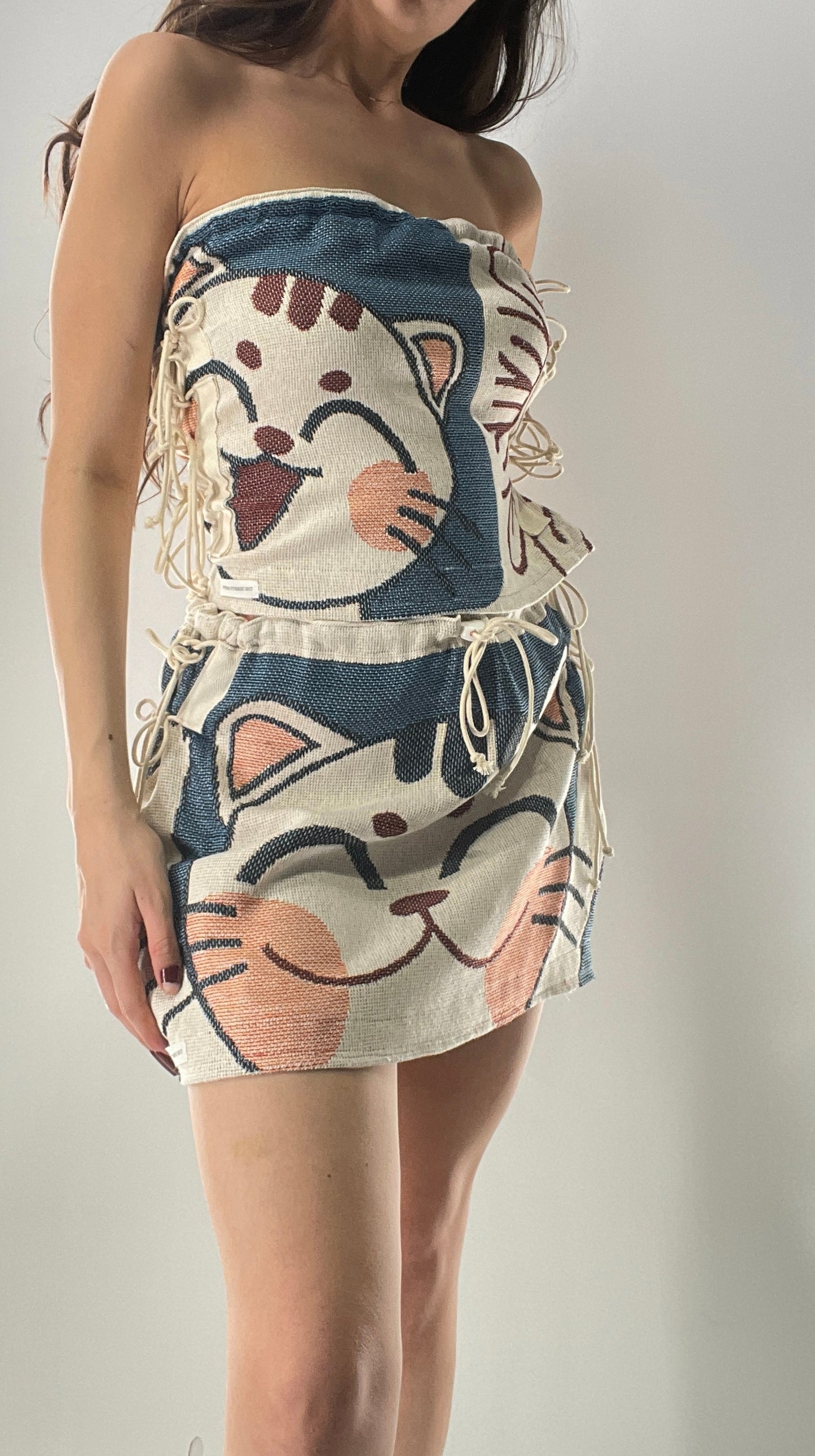 Vintage Tapestry Kitty 2pc Set with Adjustable Corseted Top and Adjustable Corseted Micro Skirt (S-L)
