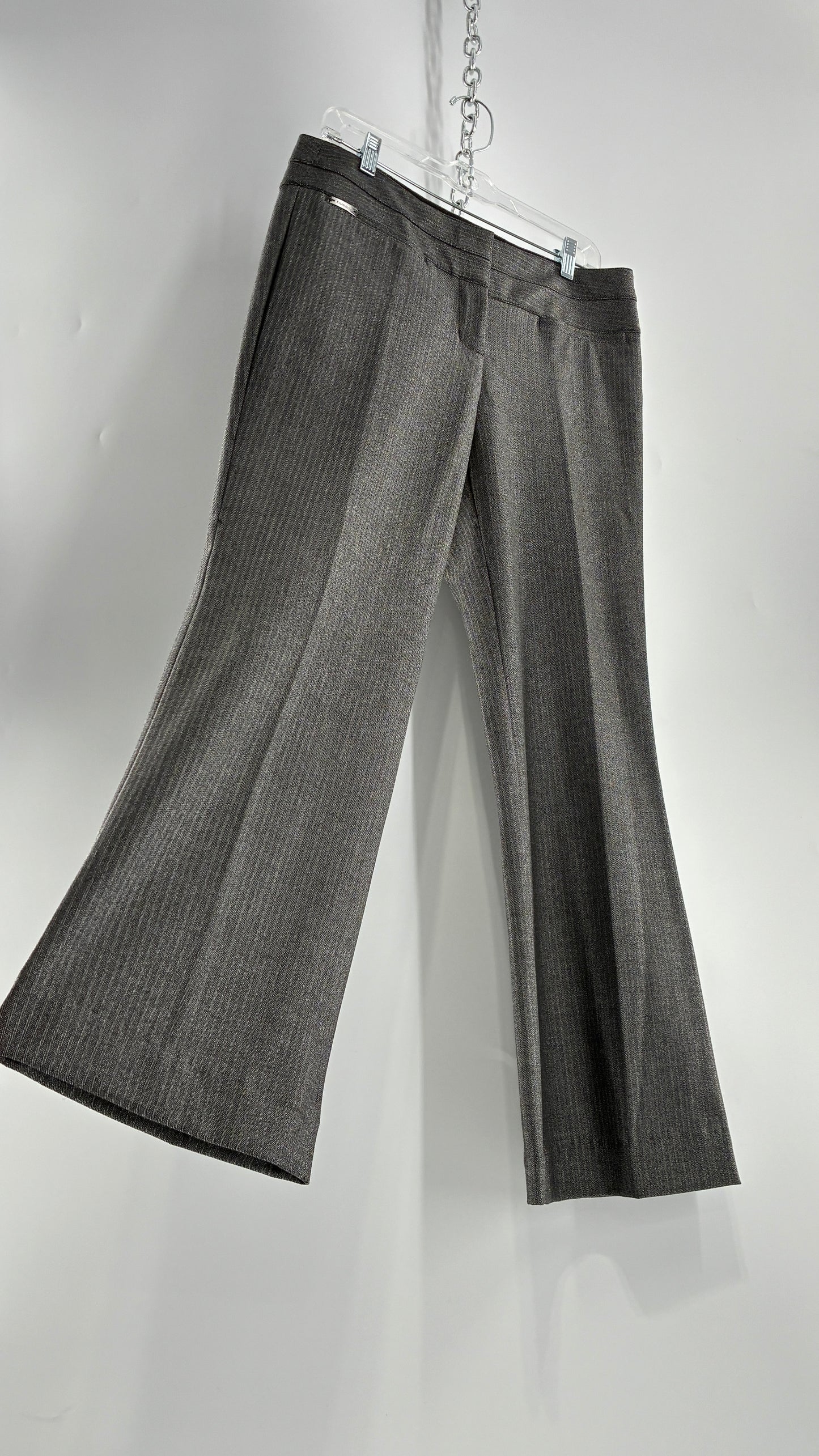 Vintage 1990s EXPRESS Editor Dark Grey Pinstripe Ultra Low Rise Thick Hip Band Kick Flares (6R)