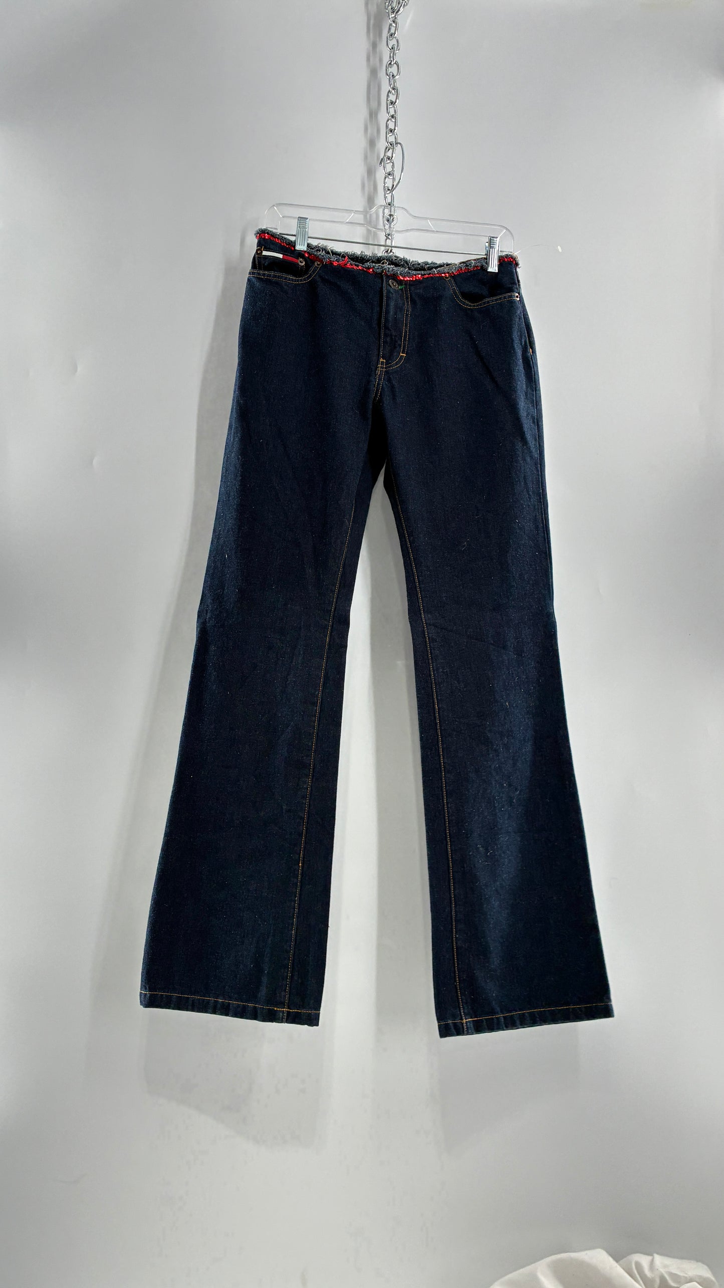 Vintage Tommy Hilfiger Low Rise Jeans with Frayed Waist Lined in Red Sequins (7)