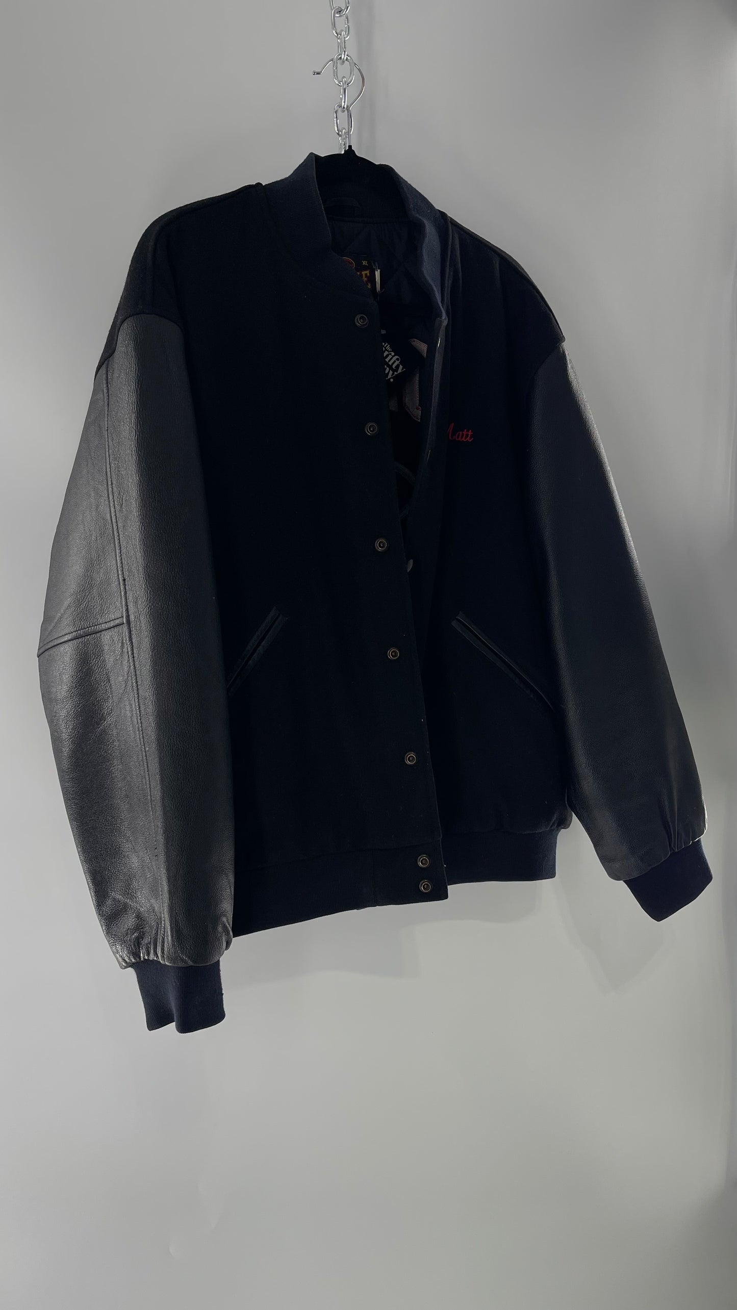 Vintage Somers Football Varsity Jacket with Leather Sleeves “Matt” Embroidery and Red Lettering (XL)