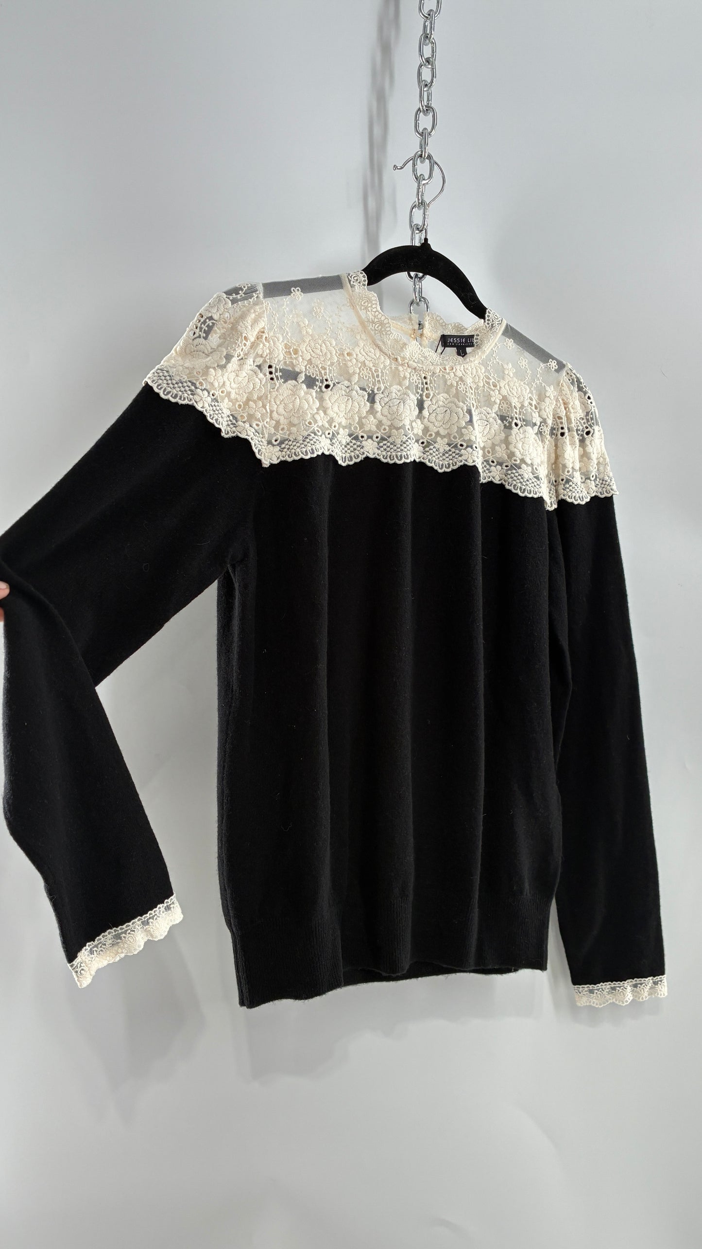 JESSIE LIU Amari Black 100% Merino Wool Sweater with Ivory Lace Neckline and Cuffs (Large)