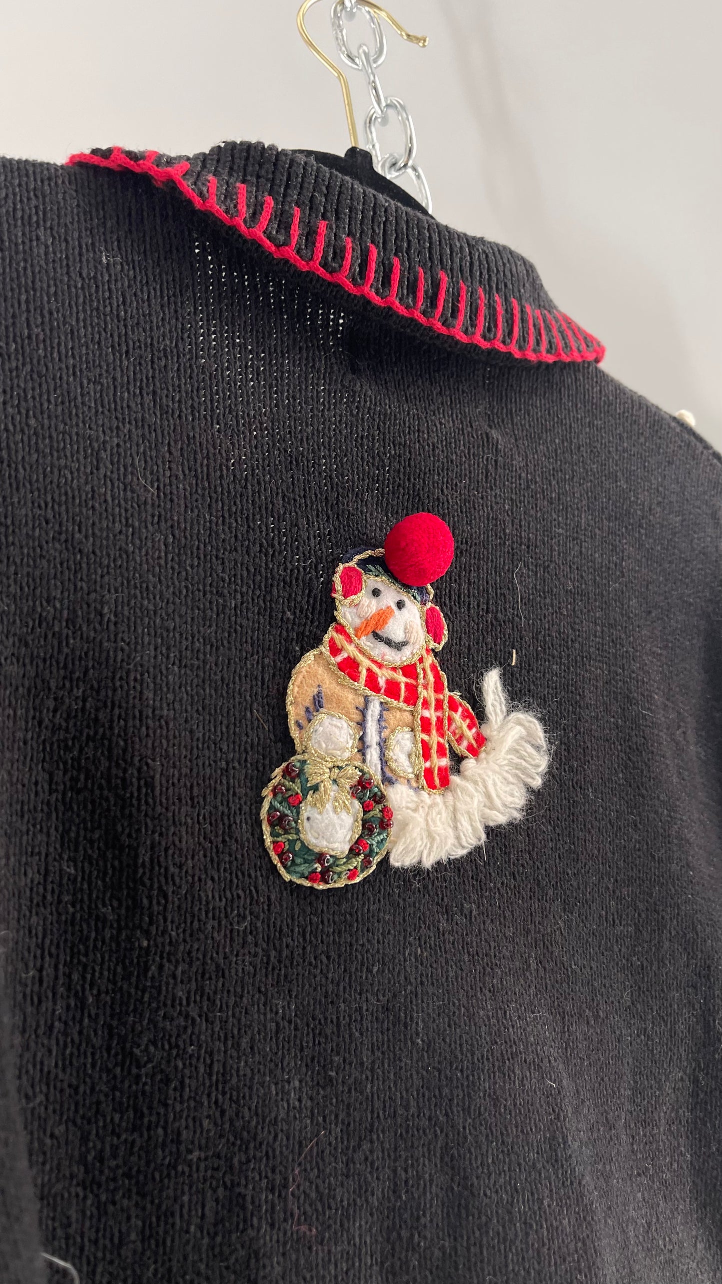 Vintage Reworked Urban Outfitters Heirloom Christmas Cardigan with Festive Snowmen Embroidery, Snowflakes, Christmas Tree and PomPom Zipper Detail (S)