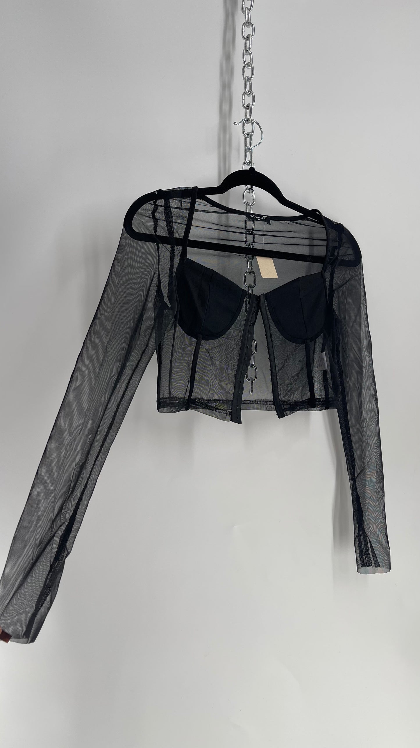 SOLADO Black Mesh Contrast Stitch Eyelet Closure Long Sleeve (Medium)