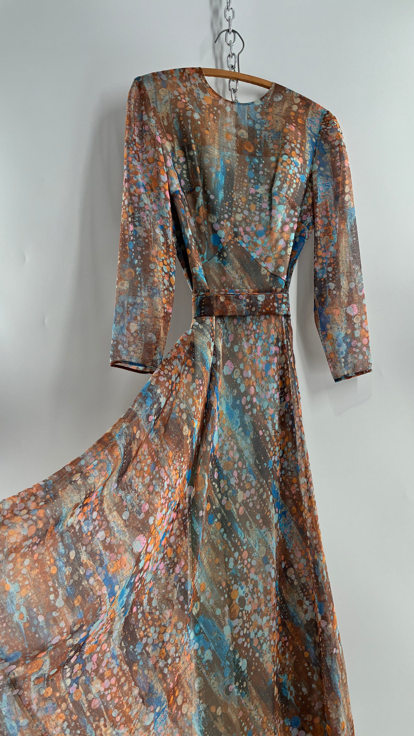 Vintage 1970s HELEN BASS Brown, Orange, Blue Voluminous Maxi Dress (S)