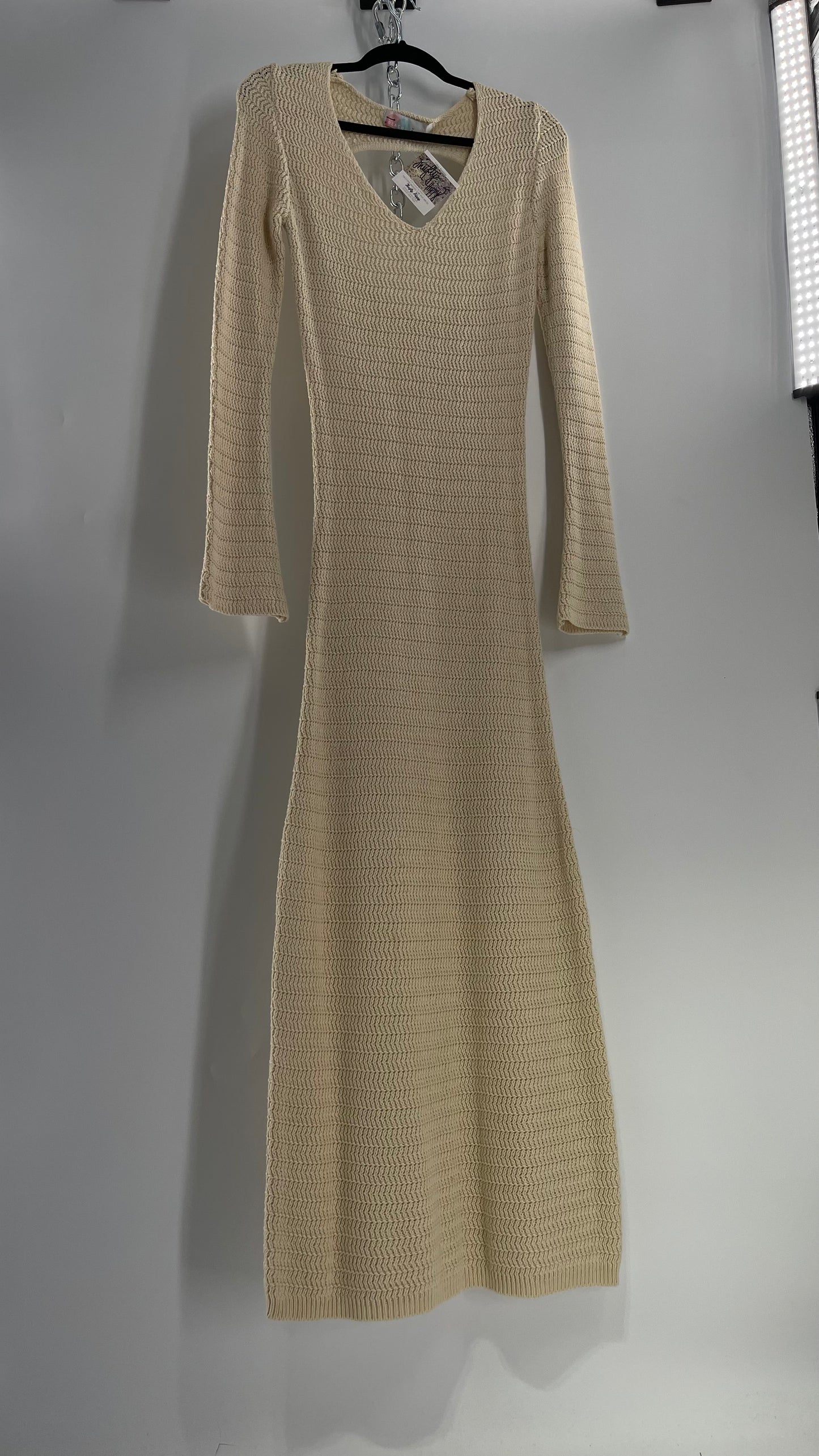 Free People Cozy Cream Knit Open Back Maxi Dress with Slight Bell Sleeve (Large)