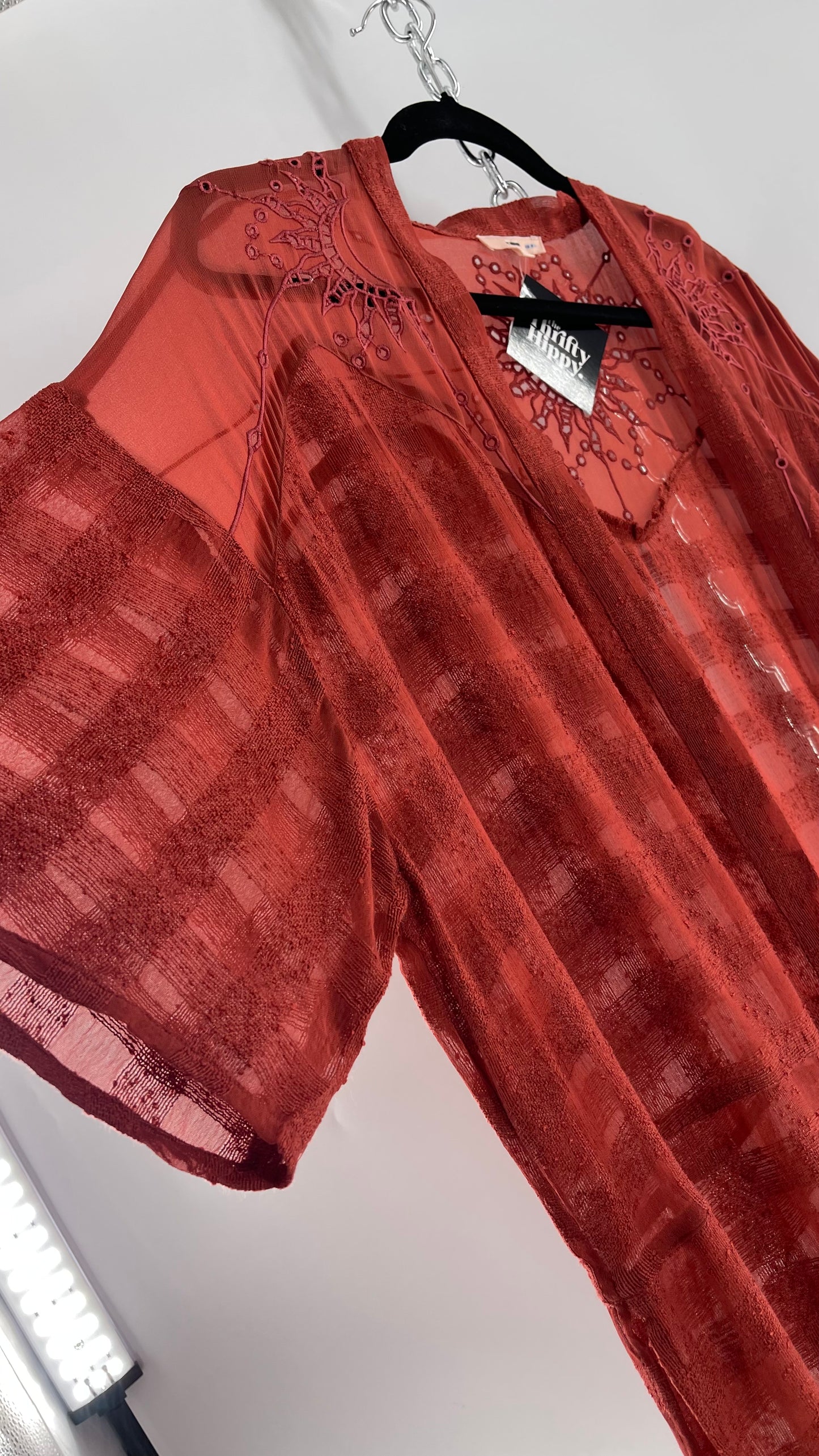 NFO Anthropologie Burnt Orange Cape With Embroidered Solstice Sun and Crescent Moon Designs (One Size)