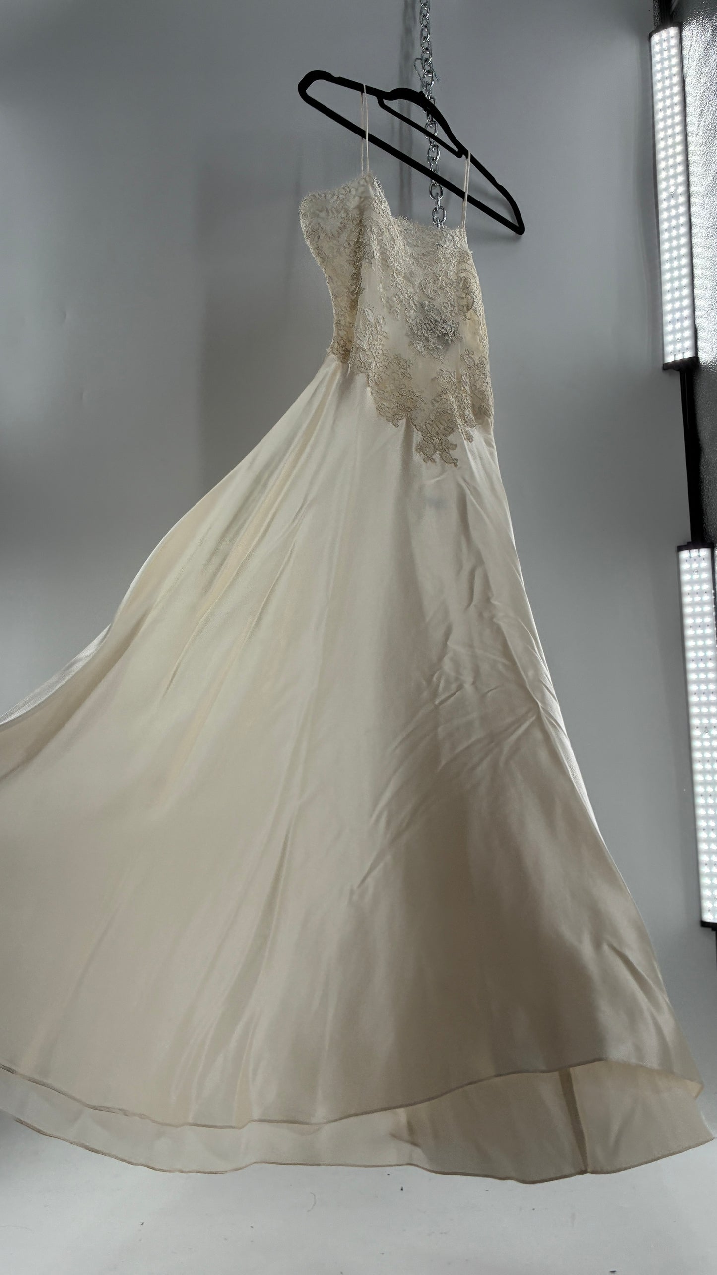 Vintage JONQUIL 100% Silk Gown with Heavy Lace Appliqués and Low Cut Sheer Back (Medium)