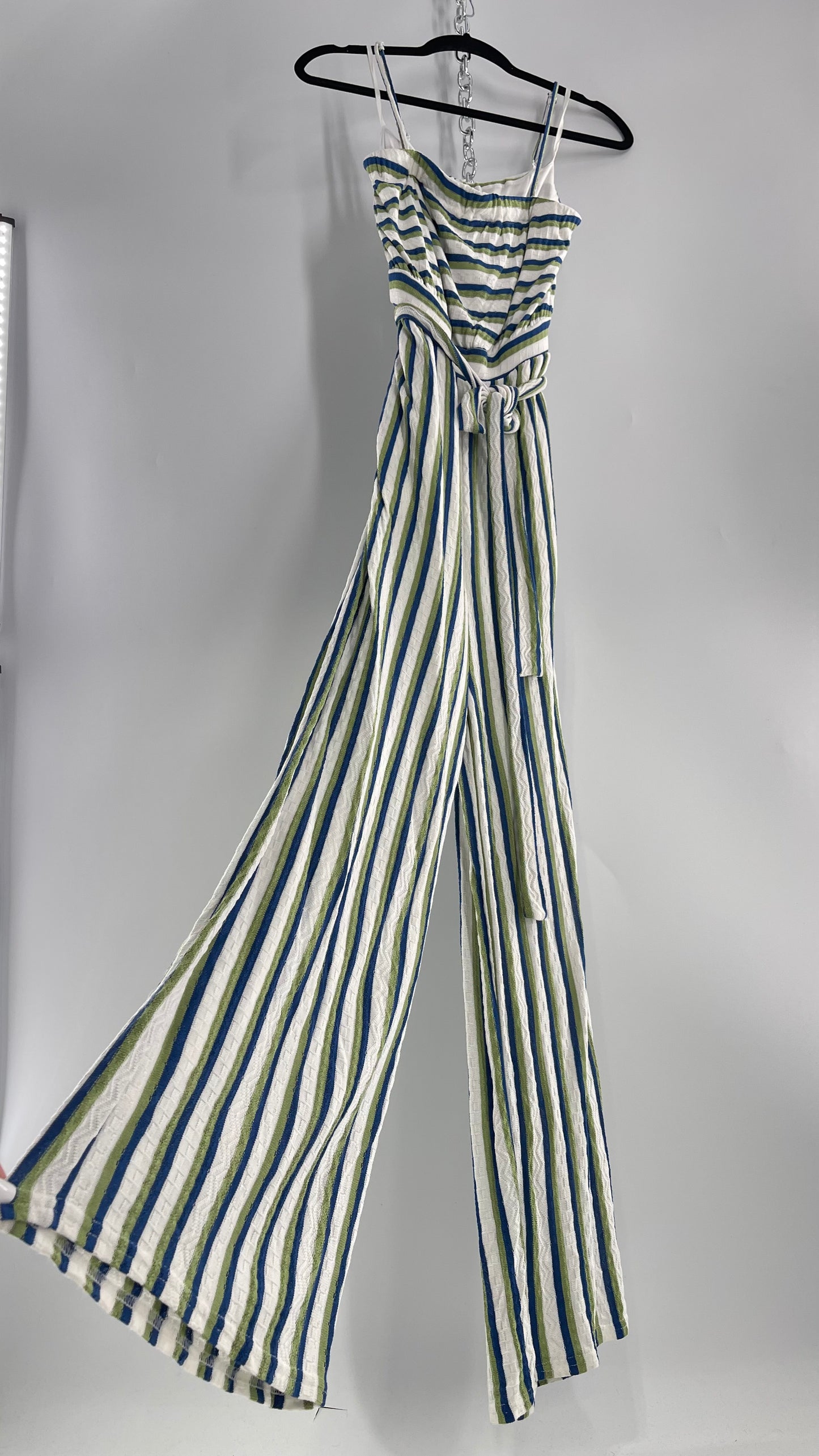 Maeve Anthropologie Woven Green/Blue/White Wide Leg Jumpsuit (Small)