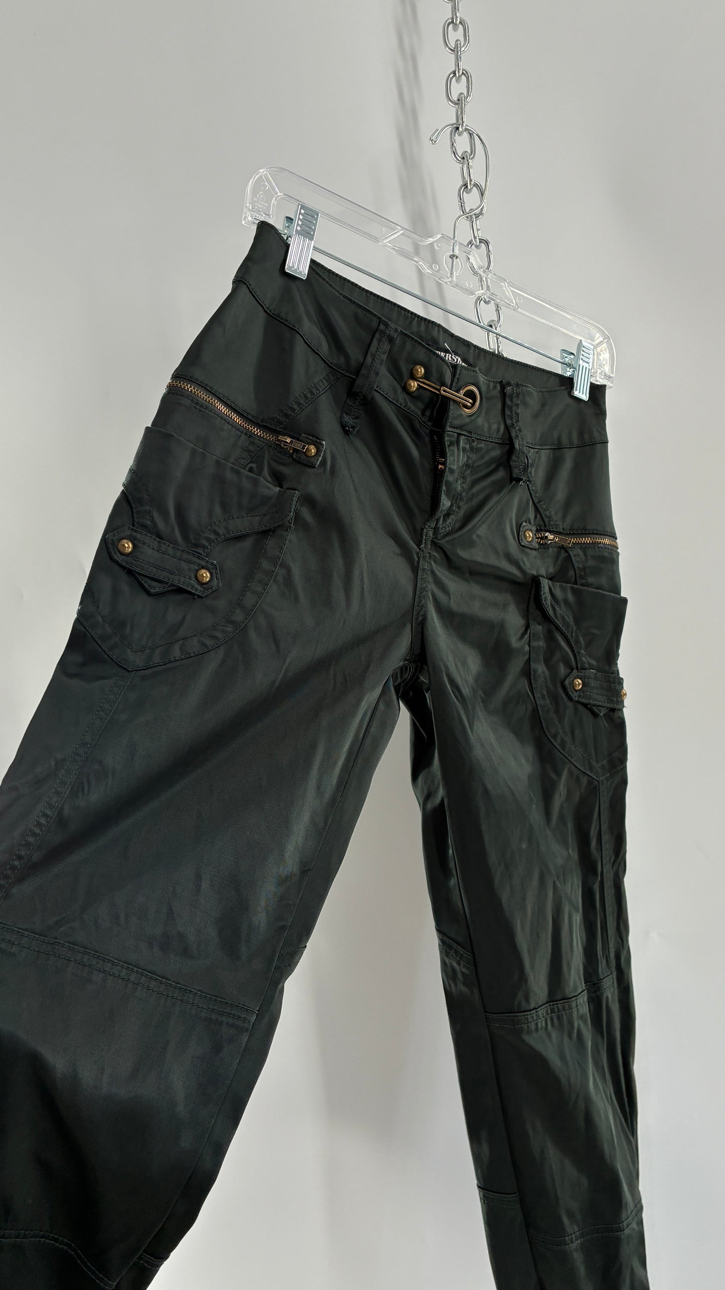 Vintage SUPERSTAR Shiny Low Rise Black Cargos with Heavy Brass Hardware, Zippers and Closure (36)