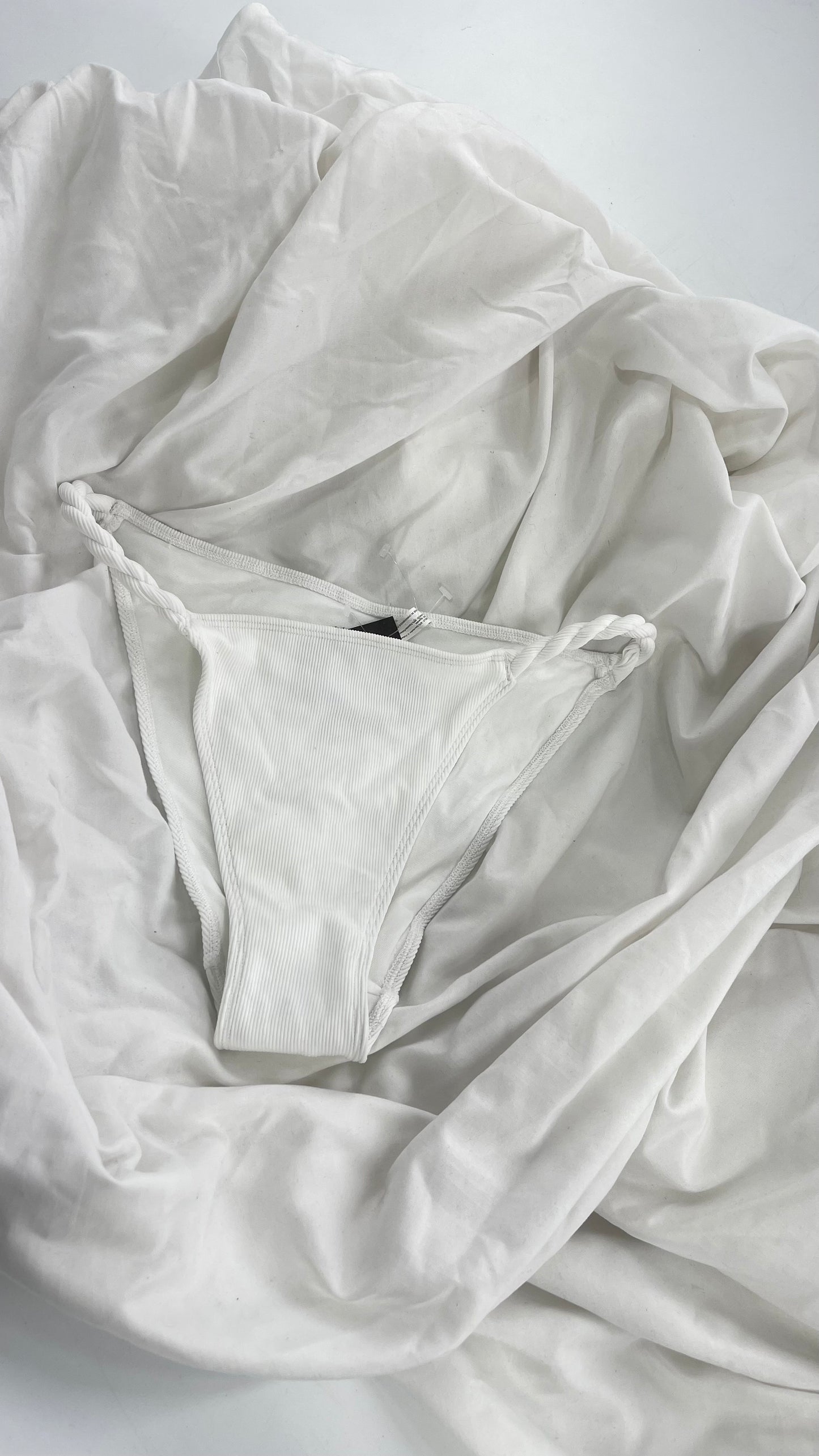 Urban Outfitters Out From Under White Ribbed High Waisted Cheeky Swim Bottoms with Braided Straps (Medium)