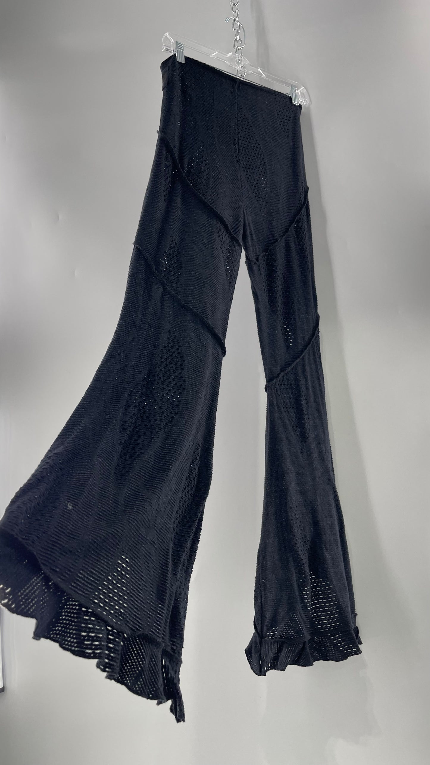Free People Black Midnight Grey Mixed Pattern Kickflares with High Low Hem, Exposed Seams and Distressing Tags Attached (Medium)