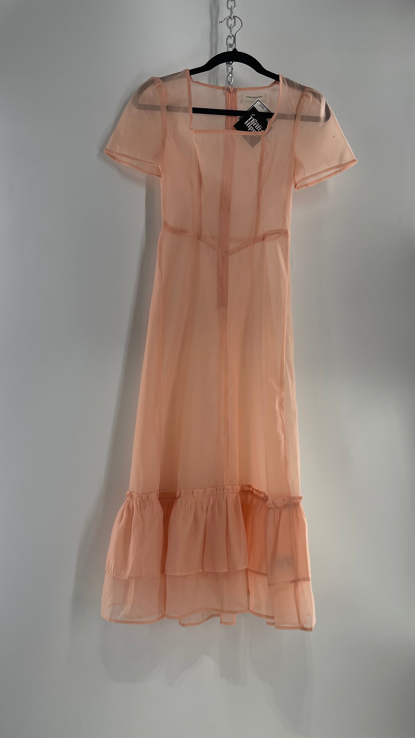 Urban Outfitters Pink/Peach Voile Vintage Inspired MIDI Dress with Ruffled Hem (XS)