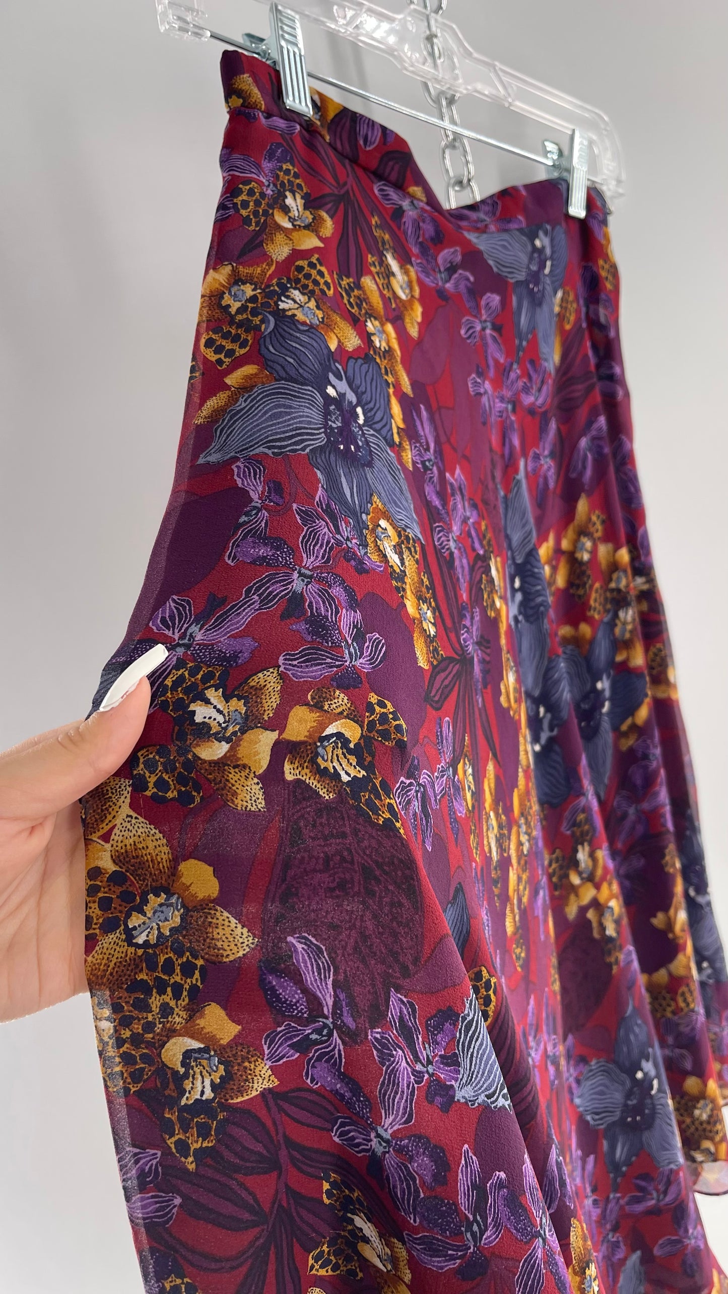 Vintage 100% Silk Burgundy Tropical Skirt with Leopard Florals (4)