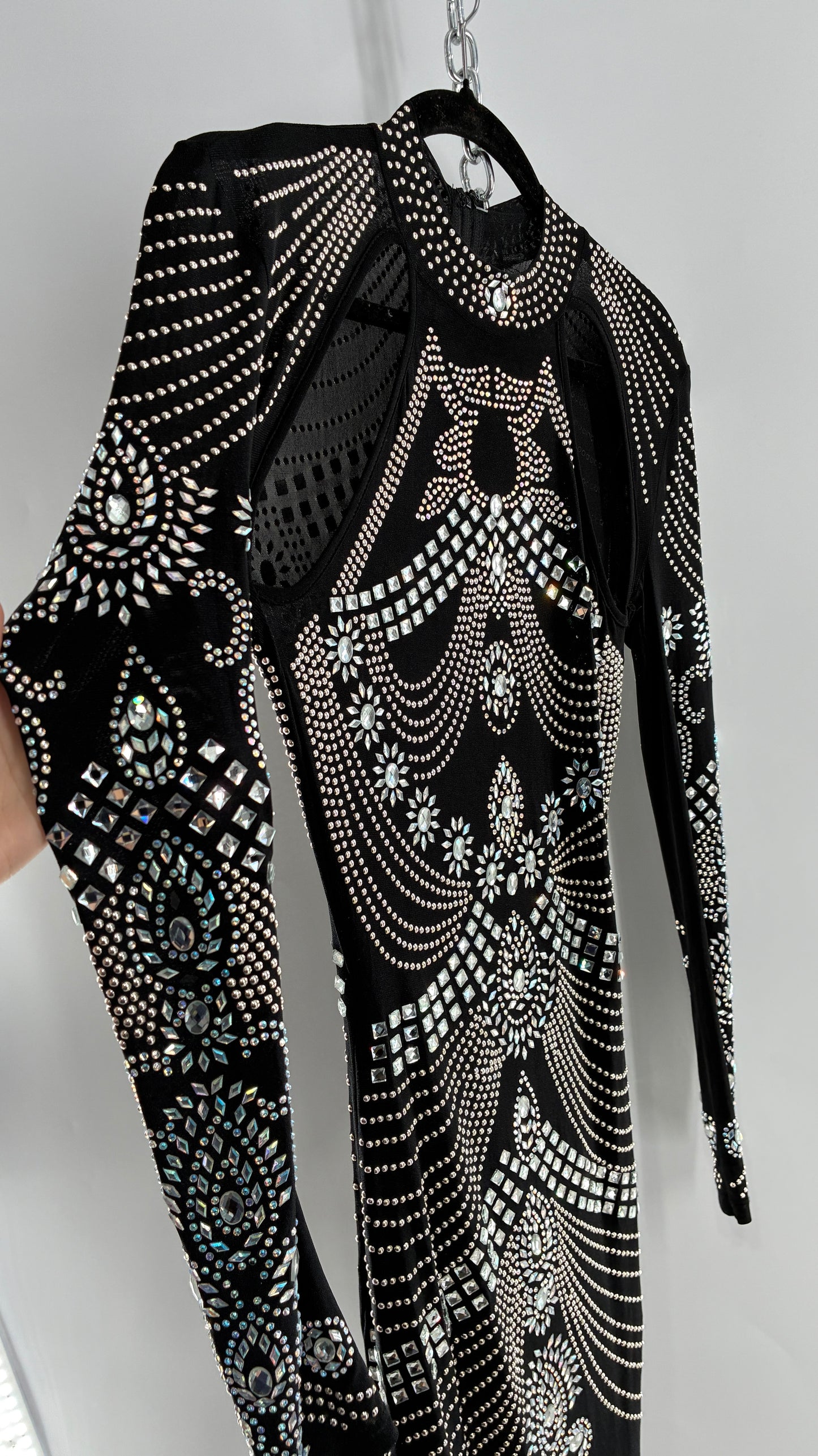 Black Bedazzled Mini Dress with Cut Out Details Covered in Gems (Small)
