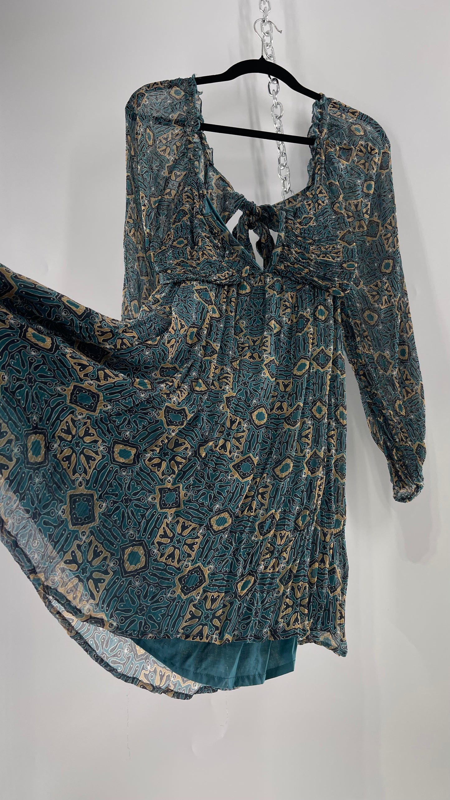 Let Me Be Crimped Balloon Sleeve Mini Dress with Wired Bust and Tie/Open Back Detail with Tags Attached (Medium)