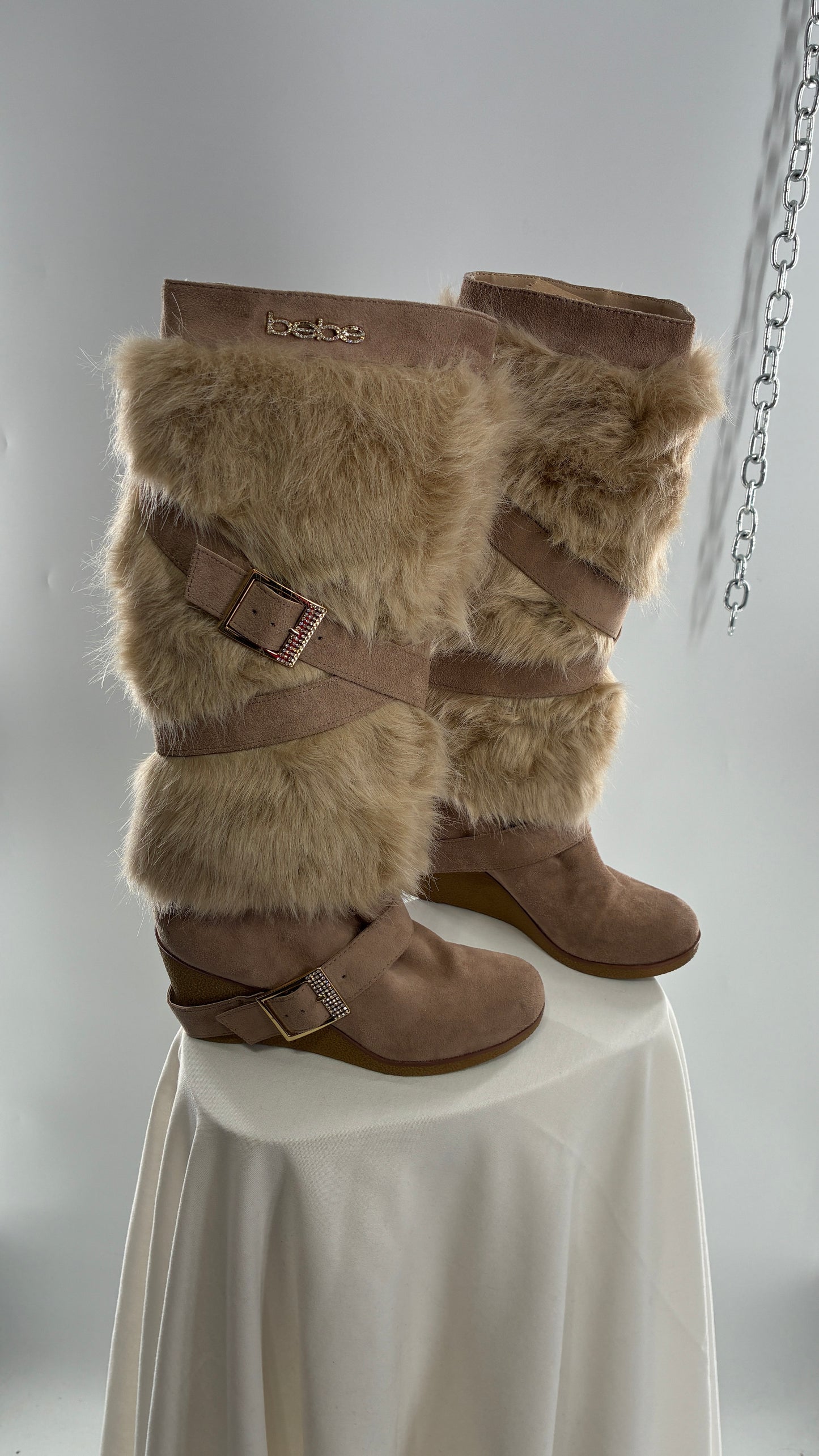 Vintage BEBE Wedge Heel Knee High Vegan Fur, Strappy Boots (6)