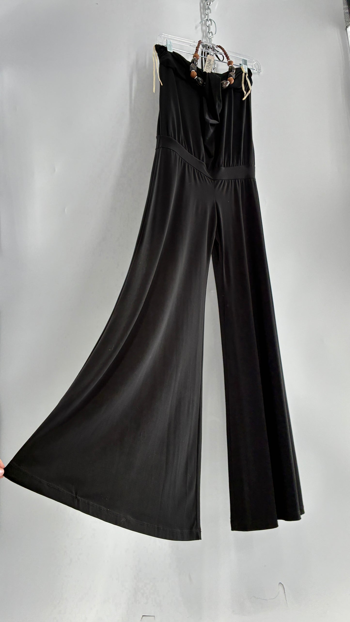 Vintage L8ter 1990s Black Drop Waist Wide Leg Jumpsuit with Beaded Choker Halter (Small)