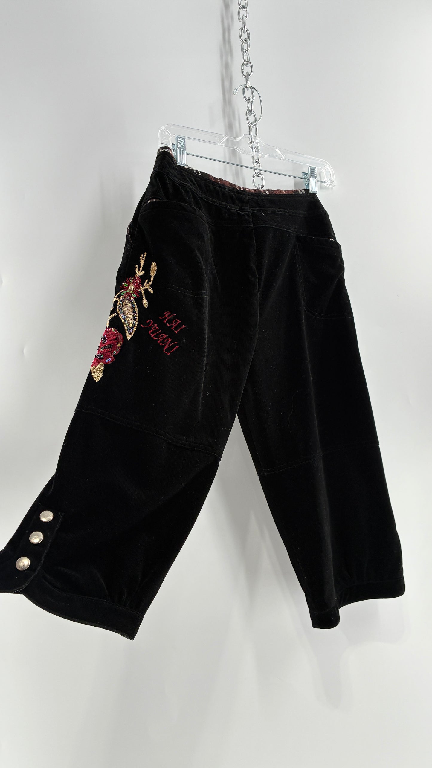Vintage Black Corduroy Capris with Full Thigh Embroidery, Silver Buttons, and Woven Plaid Waistline (30)