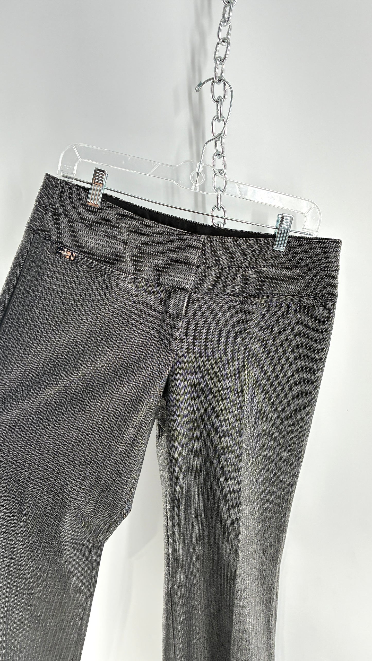 Vintage 1990s EXPRESS Editor Dark Grey Pinstripe Ultra Low Rise Thick Hip Band Kick Flares (6R)