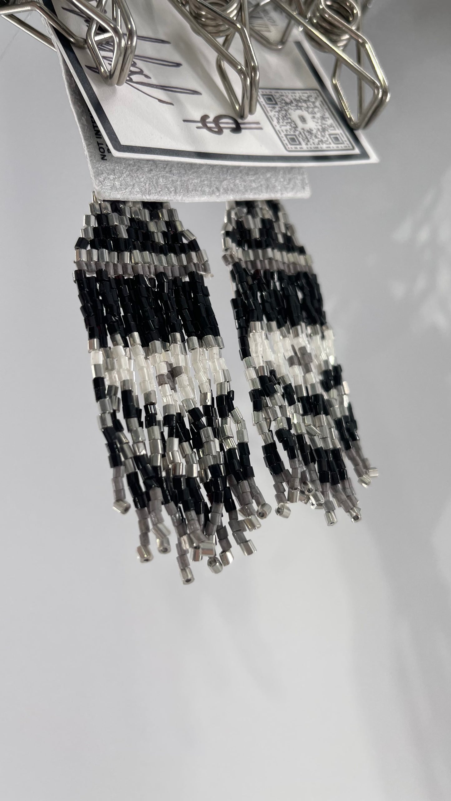 Free People Beaded Bohemian Black White Silver Earring with Tags Attached