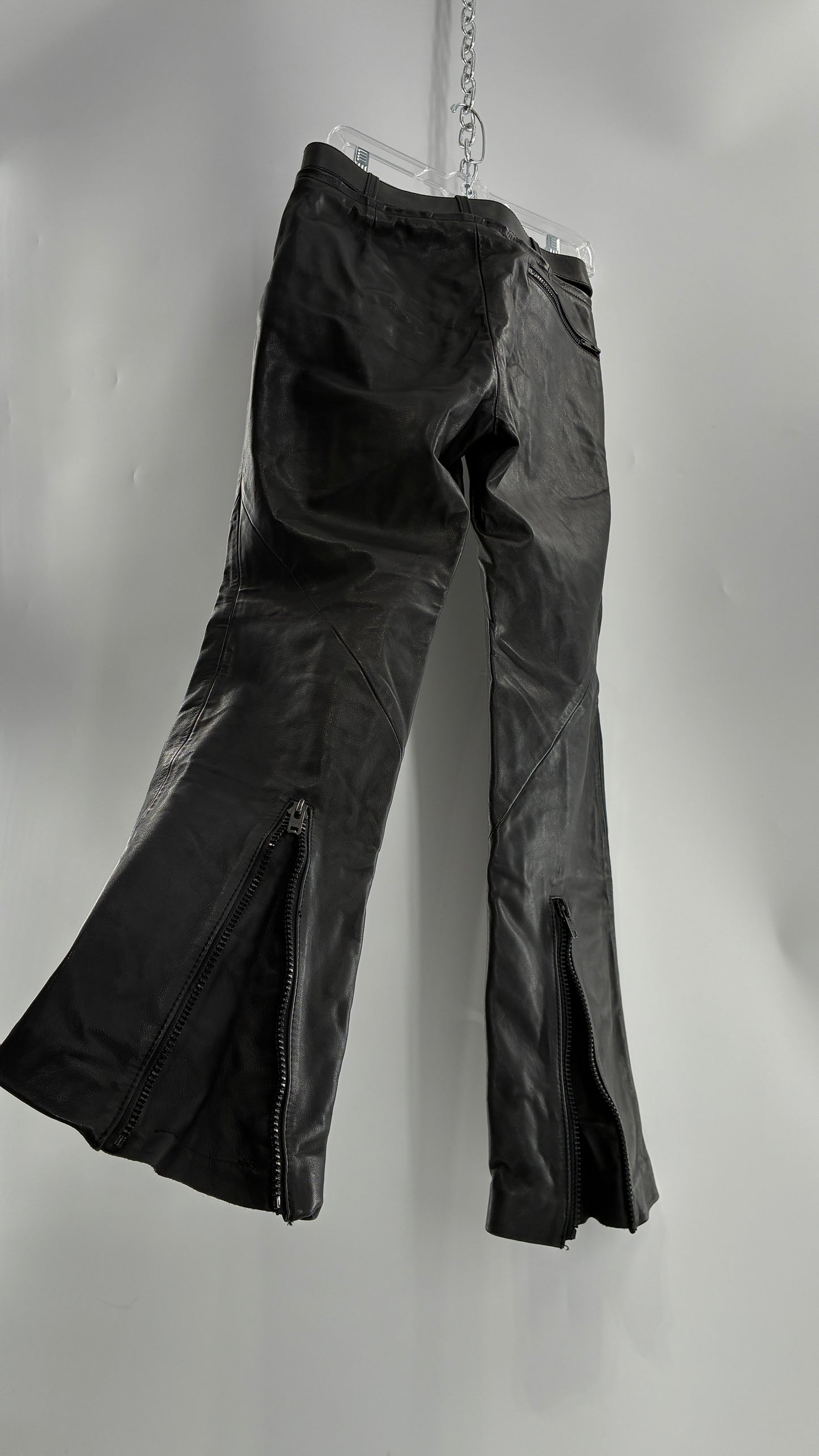 Vintage Black Italian Leather Motorcycyle Pants with Built In Belt and Zipper Detailing (XS)
