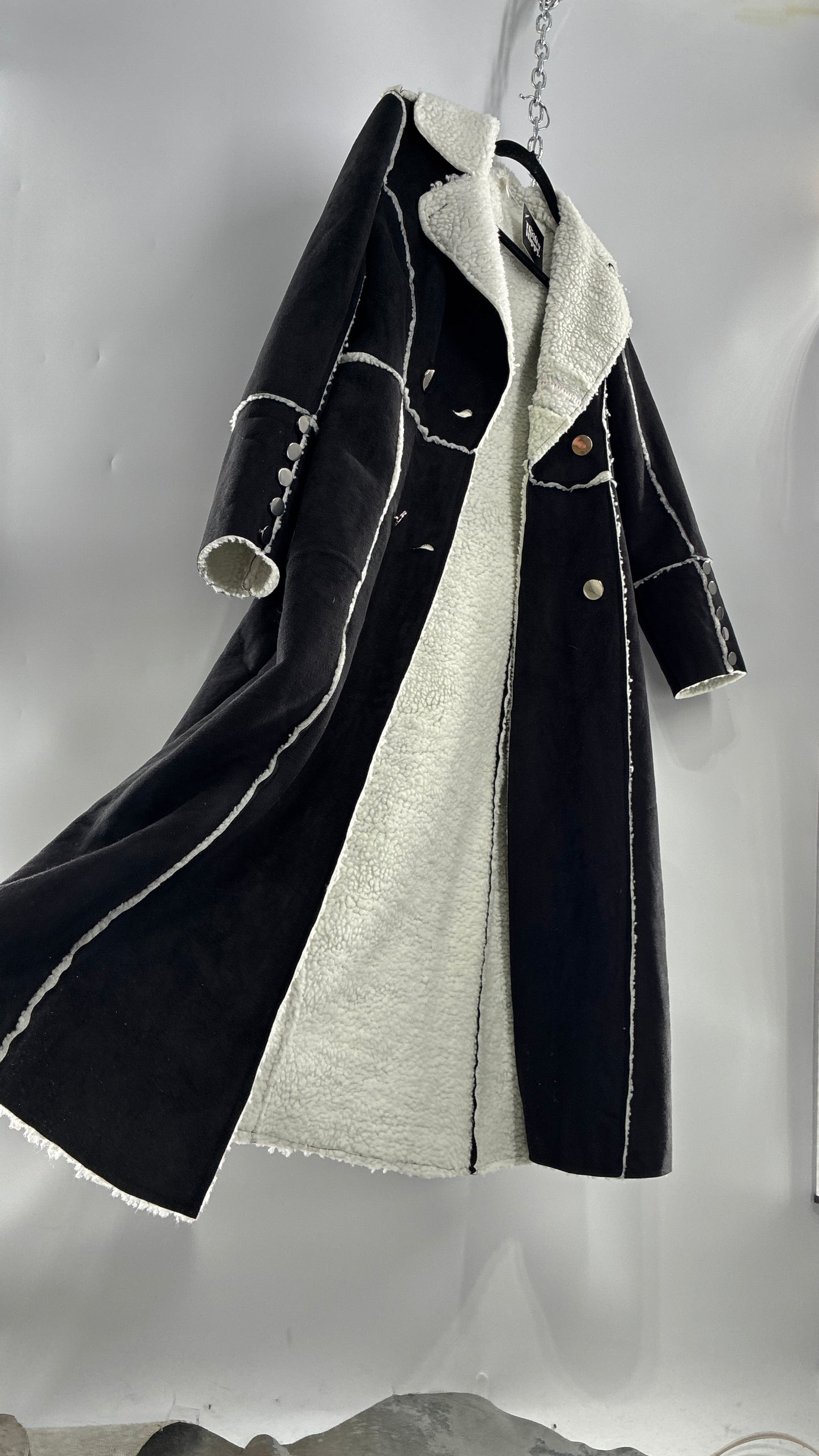 Vintage Black Vegan Suede Coat with Sherpa Lining (Medium)