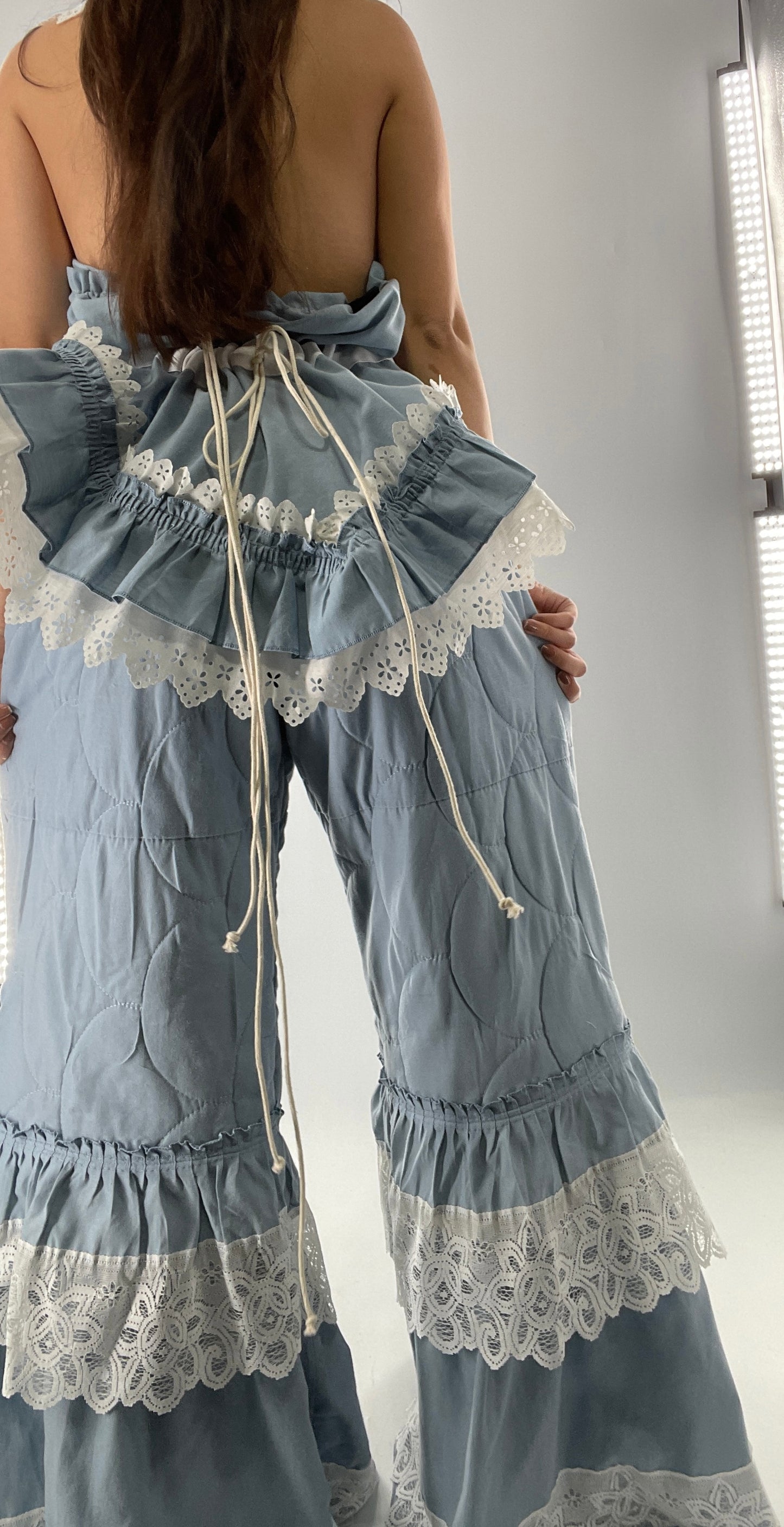 Vintage 2 Piece Powder Blue Set Featuring 2Way Blouse and Quilted Trousers Covered in Ruffles, Lace and Trim (One Size)