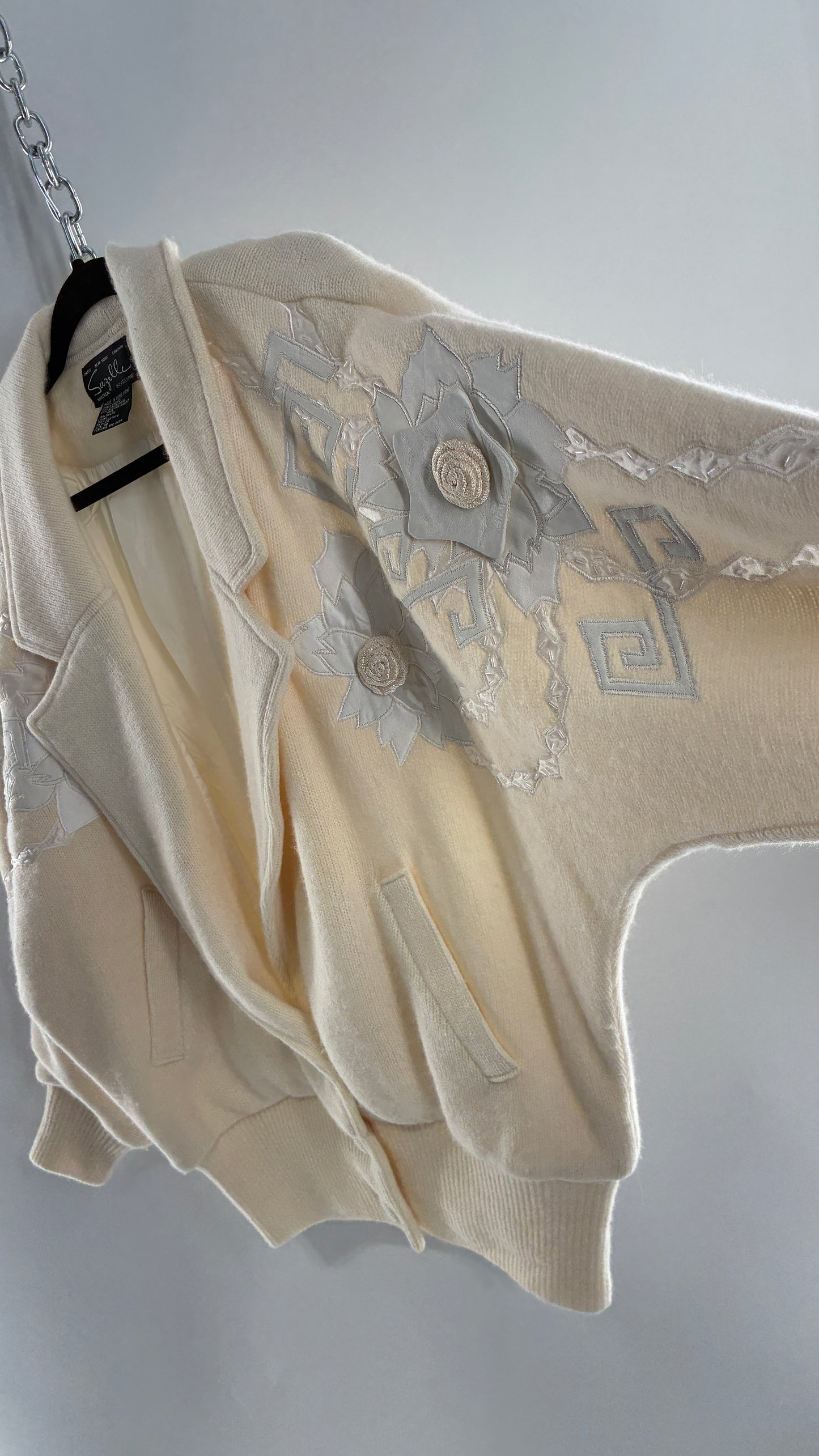 Vintage SUZELLE 70% Lambswool, 20% Angora Rabbit Off White Woven Bomber Jacket with Leather Flower Appliqués (Medium)