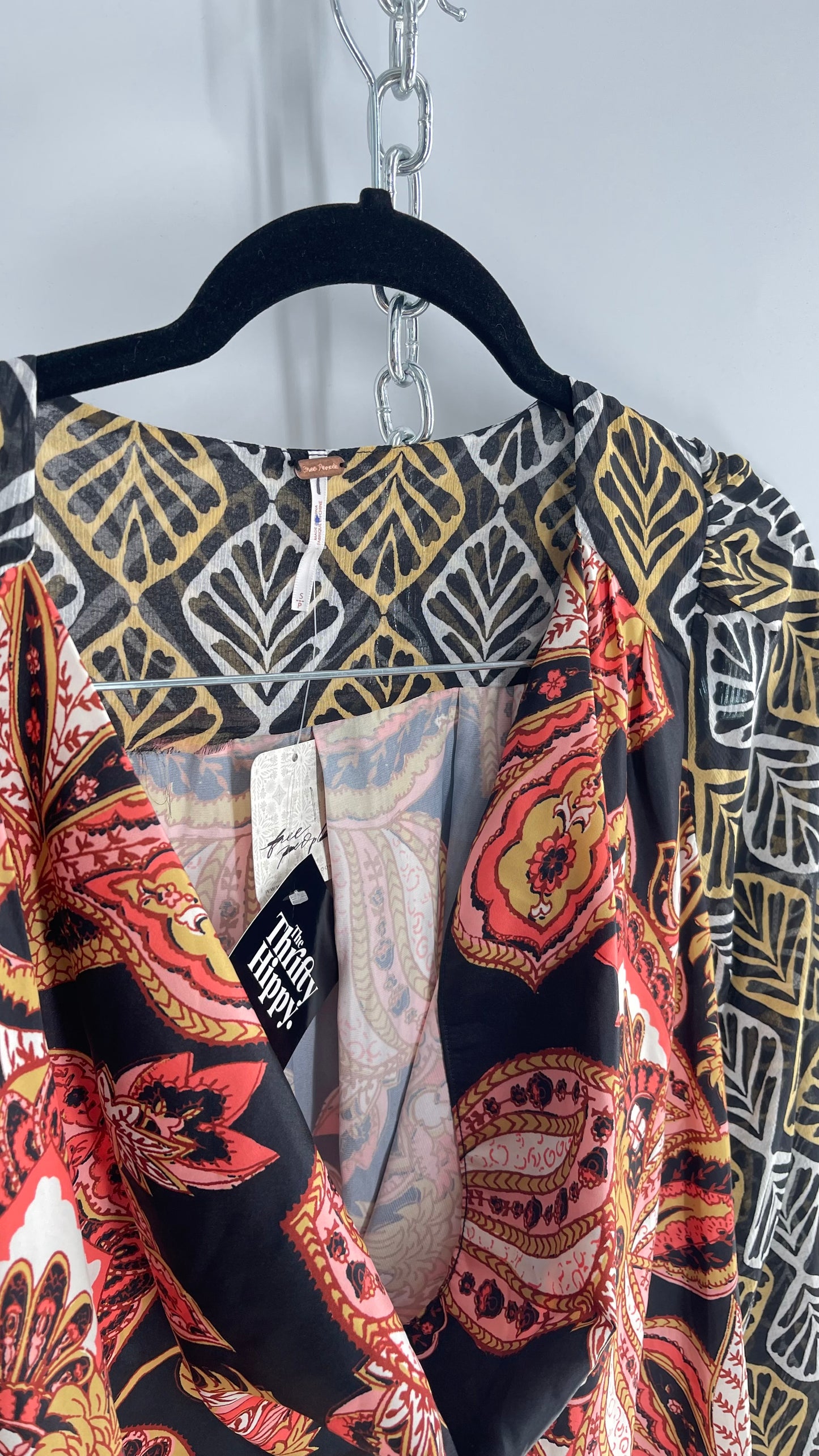 Free People Paisley Bodice Blouse with Sheer Contrast Sleeves, Draping Neckline and Tags Attached (Small)