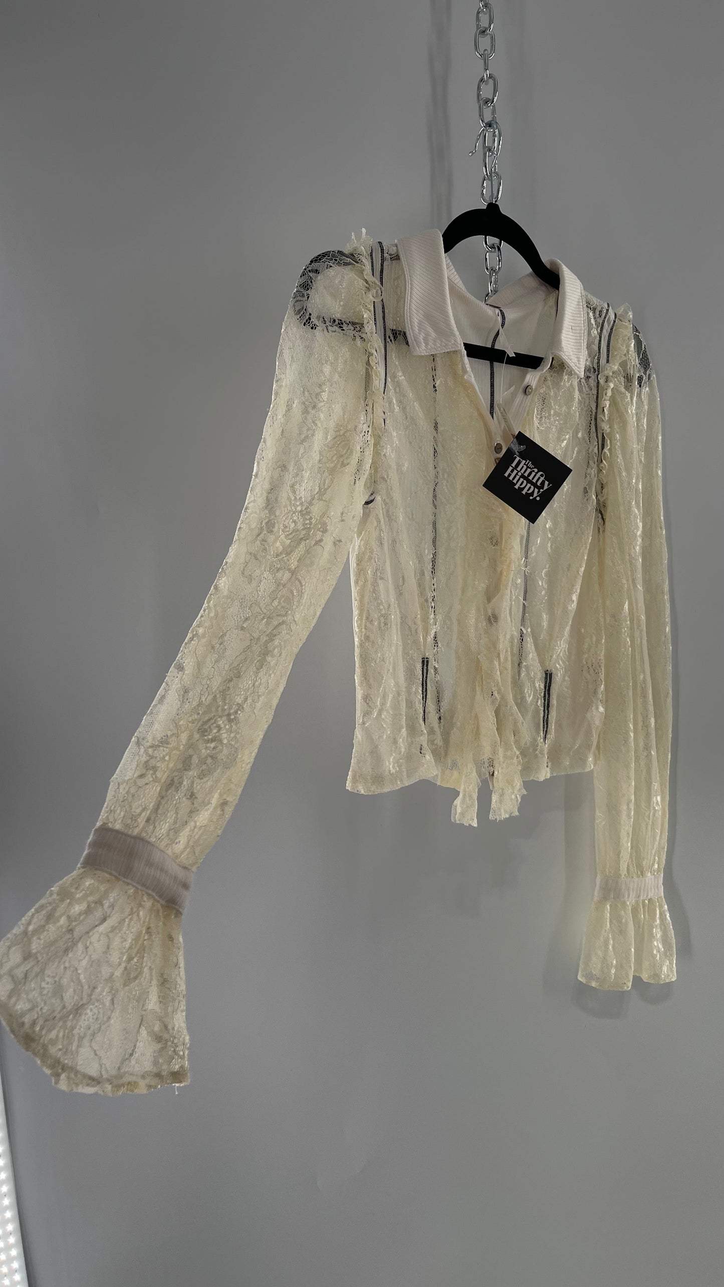 Free People White Lace/Ribbed BodyCon Button Up with Tags Attached (Large)