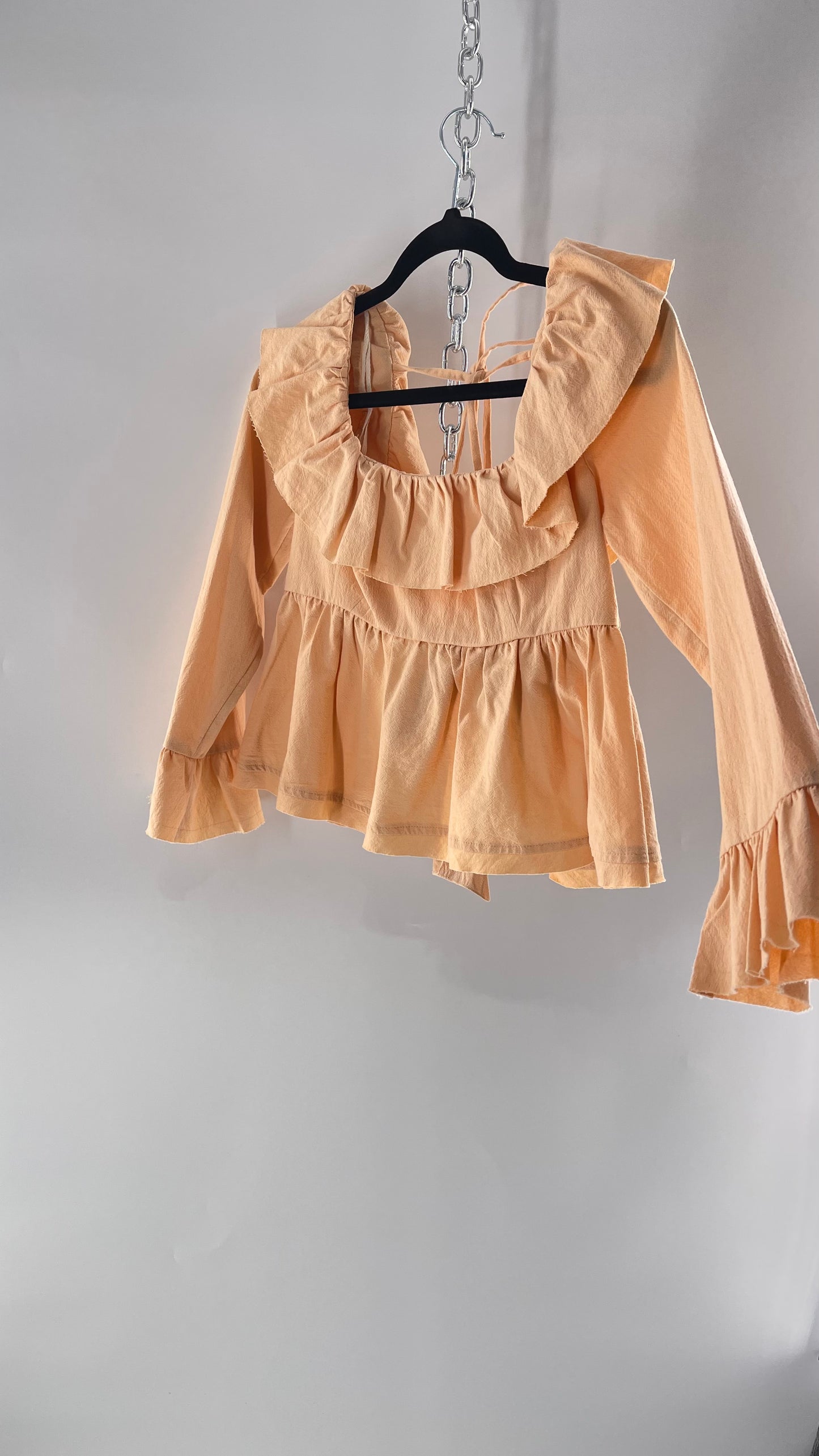 Free People Pumpkin Light Orange Backless Bow Back Cropped Blouse with Ruffle Sleeve and Neckline (XS)