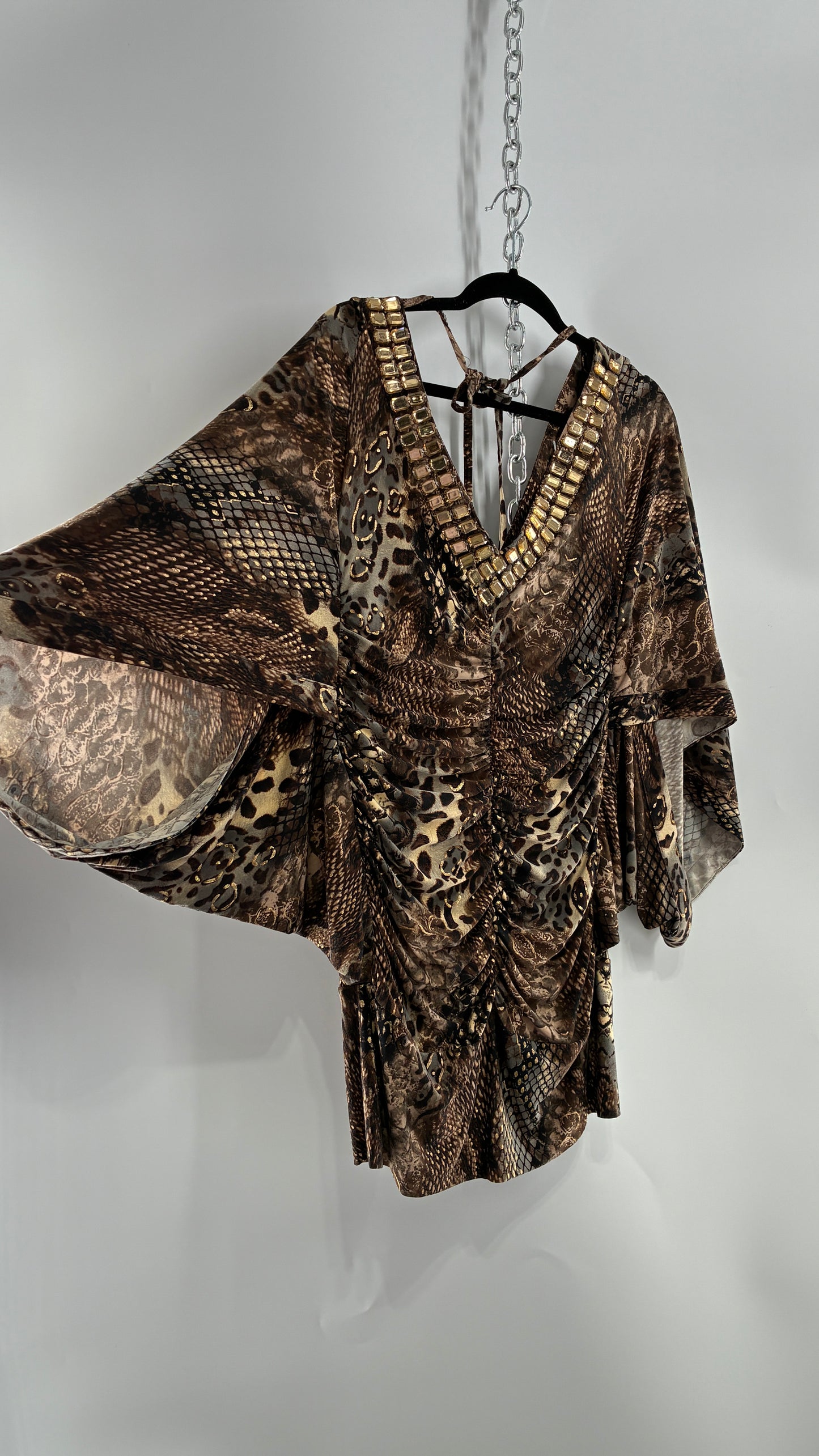 Vintage ZIZZI Metallic Animal Print Mini Dress with Draping Sleeves and Rhinestone Neckline (Large)
