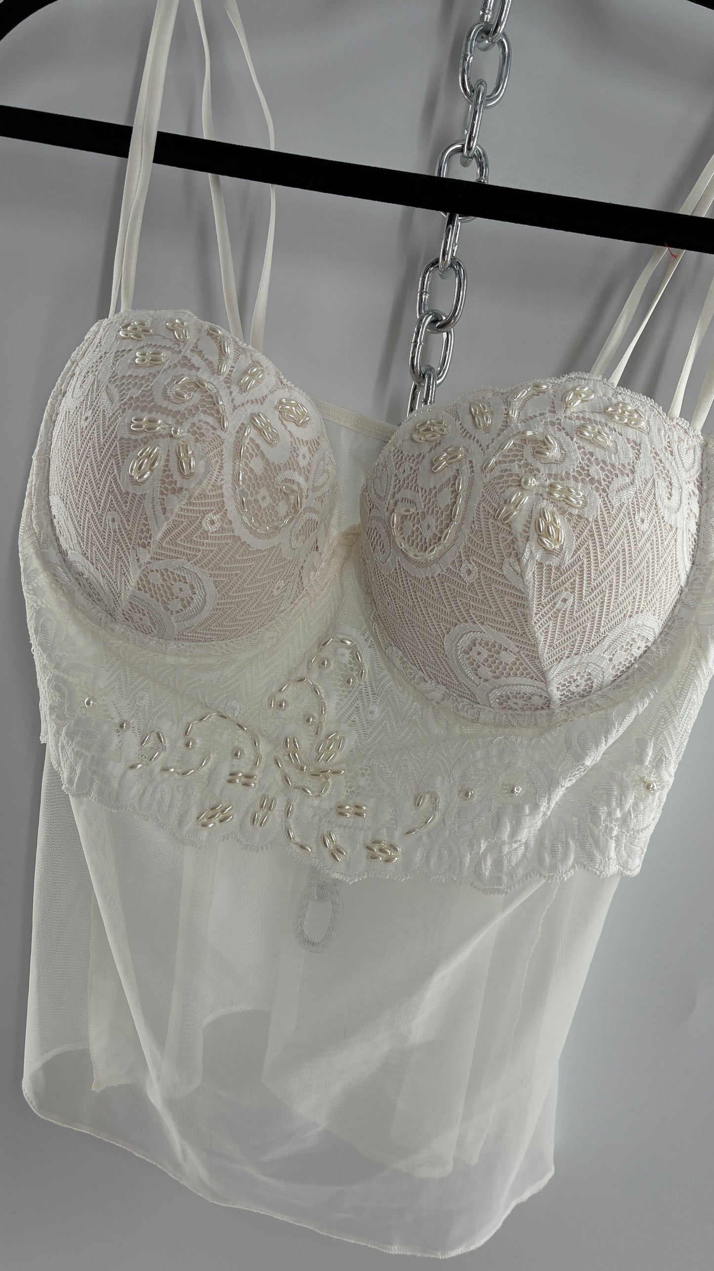 Vintage LA FRESCA White Lace Bustier Babydoll with Mesh Bodice and Beaded Cups/Band (Large)