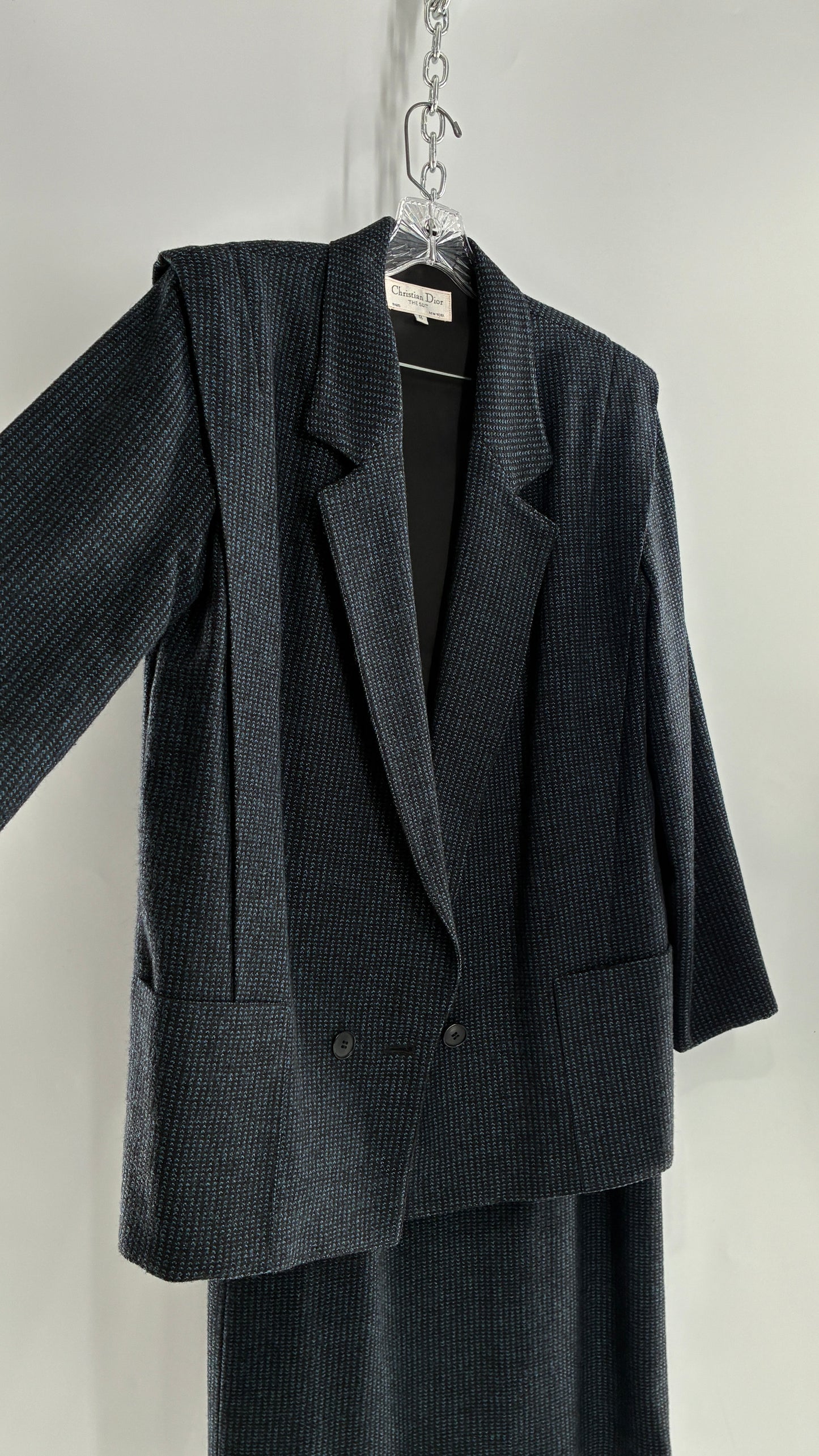 Vintage CHRISTIAN DIOR Navy Woven Maxi Skirt and Oversized Lapel Style Blazer with Padded Shoulders (8)