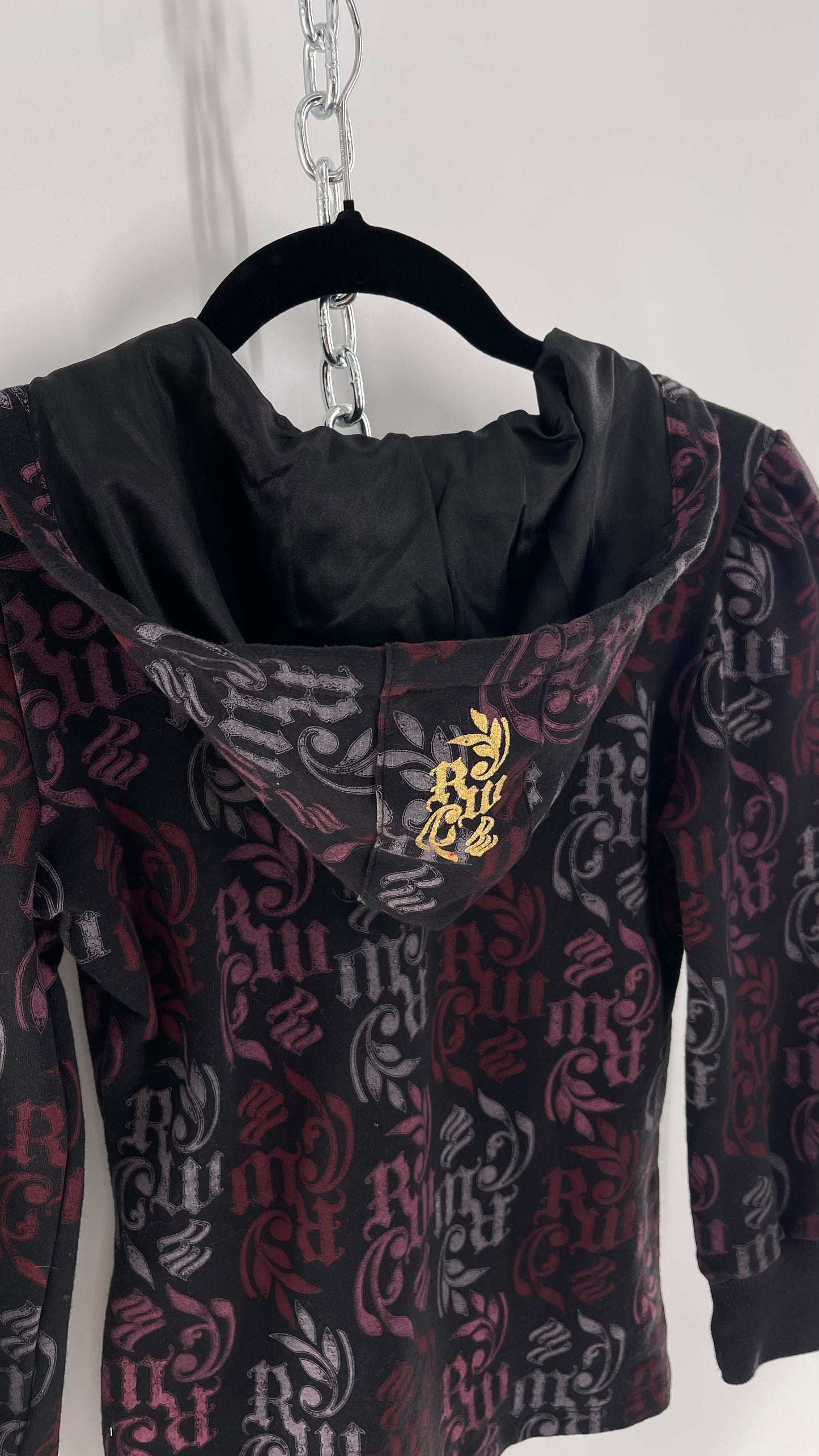 Vintage All Over Rocawear Logo Zip Up Hoodie with Gold Charm Chain and Silky Hood (XS/S)