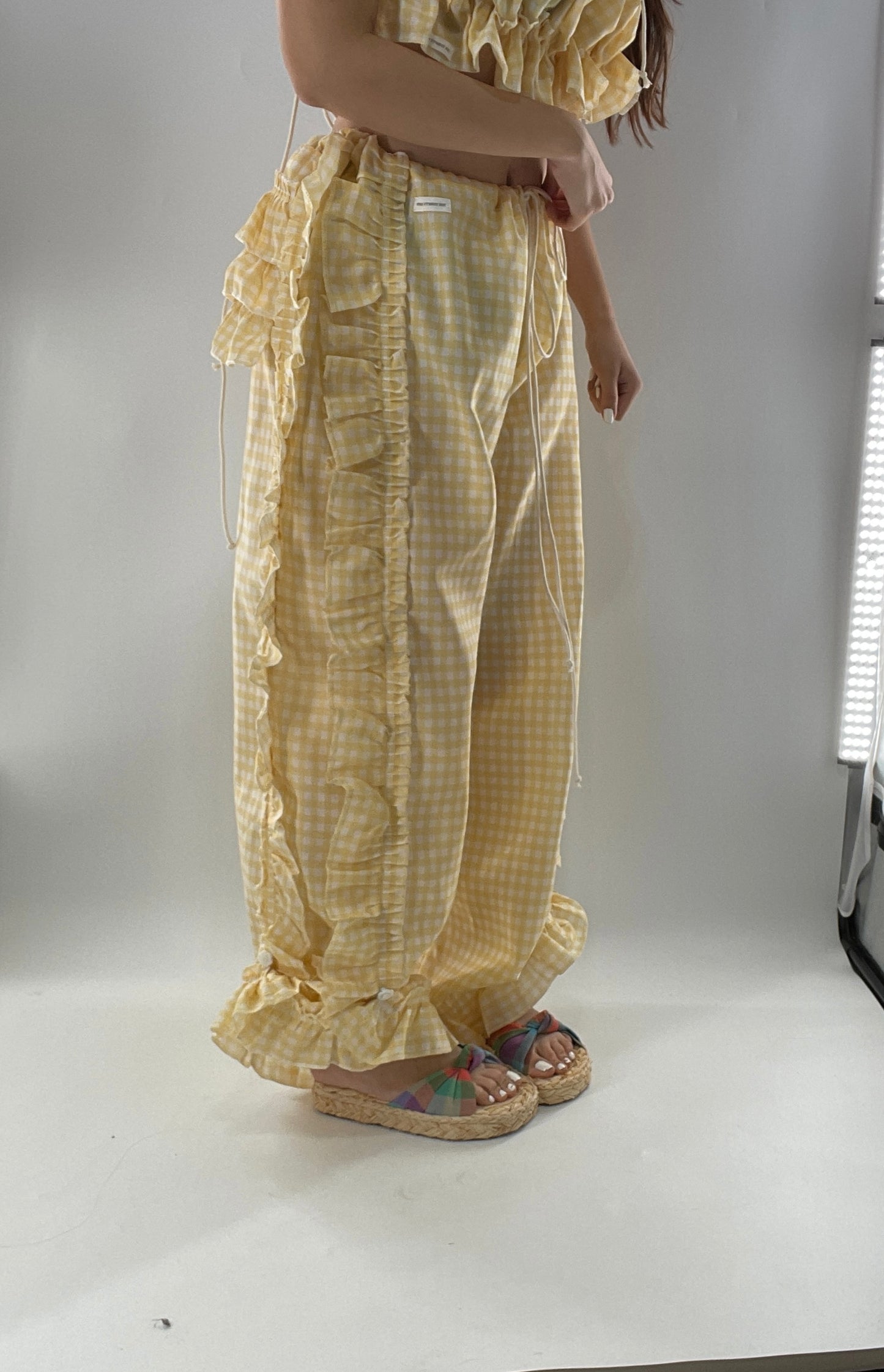 Vintage 2 Piece Yellow Checkered/Gingham Patterned Picnic Set with Ruched Bust Top and Ruffle Side Wide Legs with Adjustable Length, Strap Up Buttons on Hem (One Size)