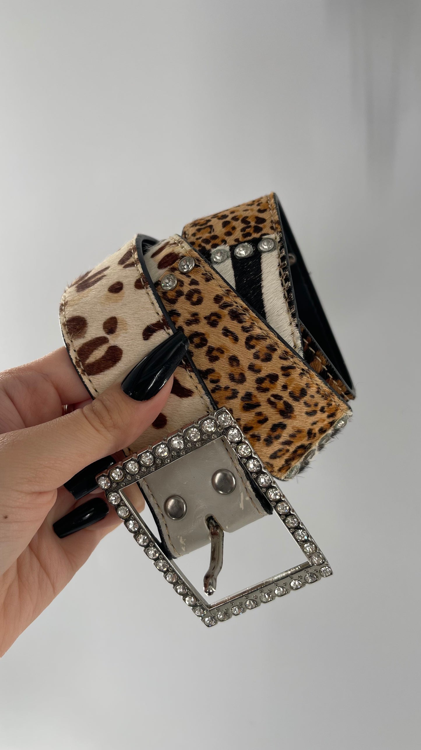 Vintage Pony Fur Animal Print Patchwork Belt with Rhinestone Buckle and Embellishments (Medium)