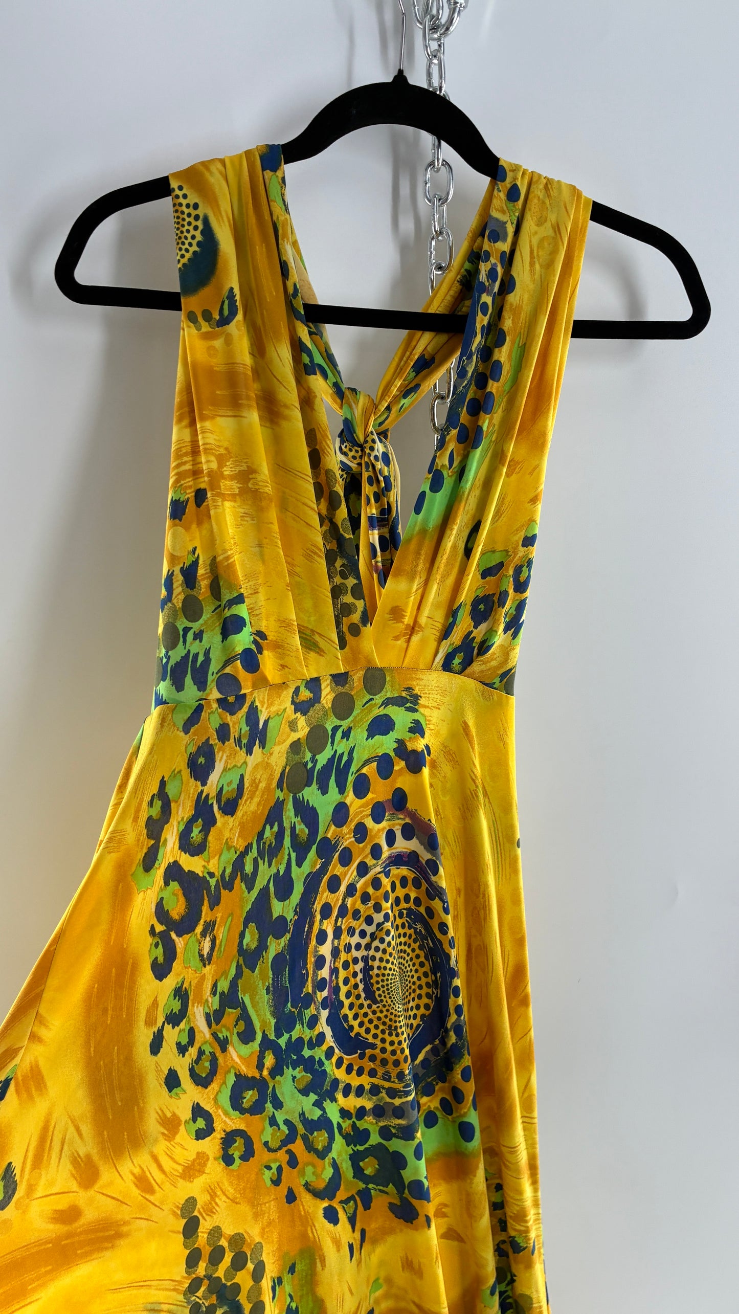 Vintage NARCISA LANG Lycra Full Length, Backless Yellow Dress with Graphic Pattern (XS/S)
