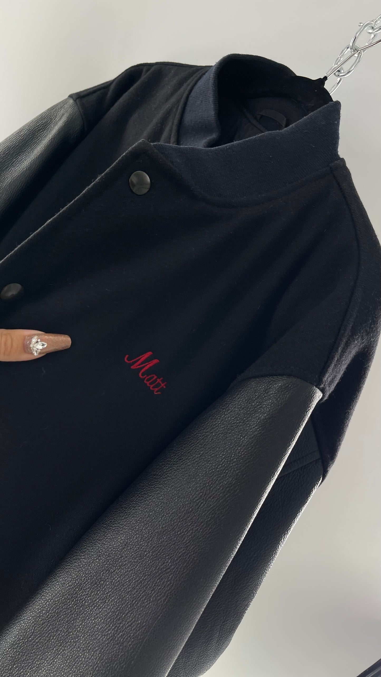 Vintage Somers Football Varsity Jacket with Leather Sleeves “Matt” Embroidery and Red Lettering (XL)
